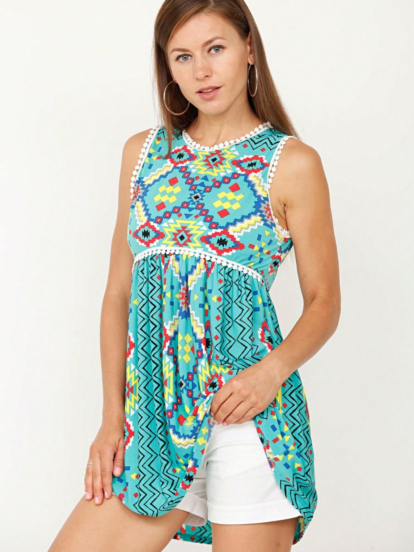Summer/Spring Boho Vintage Pom Pom  Floral Feather Chevron Floral Baby Doll Sleeveless Top Blouse Tunic Small To 3 XL Plus