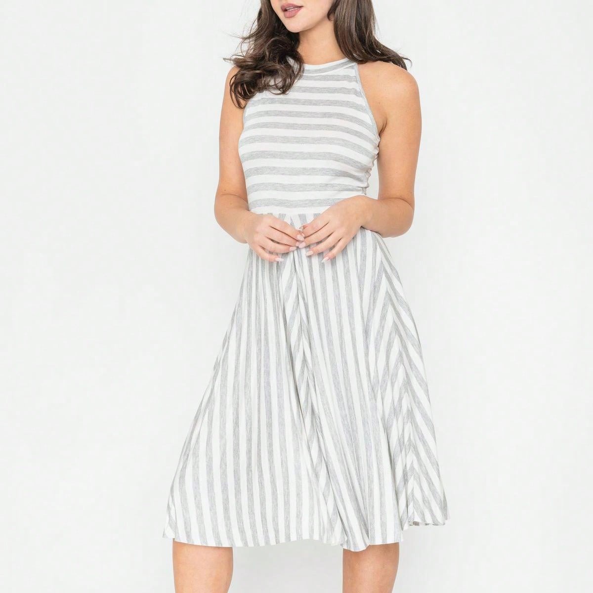 Grey Stripe Ditsy Floral Leaves Tropical  Halter Neck Tie Sash  Ruffle Tiered Midi Dress Swing Southern Cruise Dress | Small -3 XL Plus