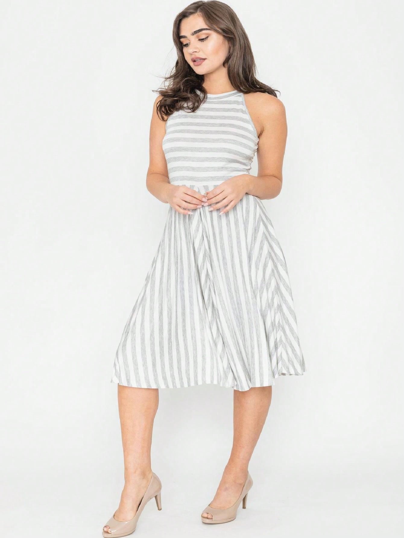 Grey Stripe Ditsy Floral Leaves Tropical  Halter Neck Tie Sash  Ruffle Tiered Midi Dress Swing Southern Cruise Dress | Small -3 XL Plus