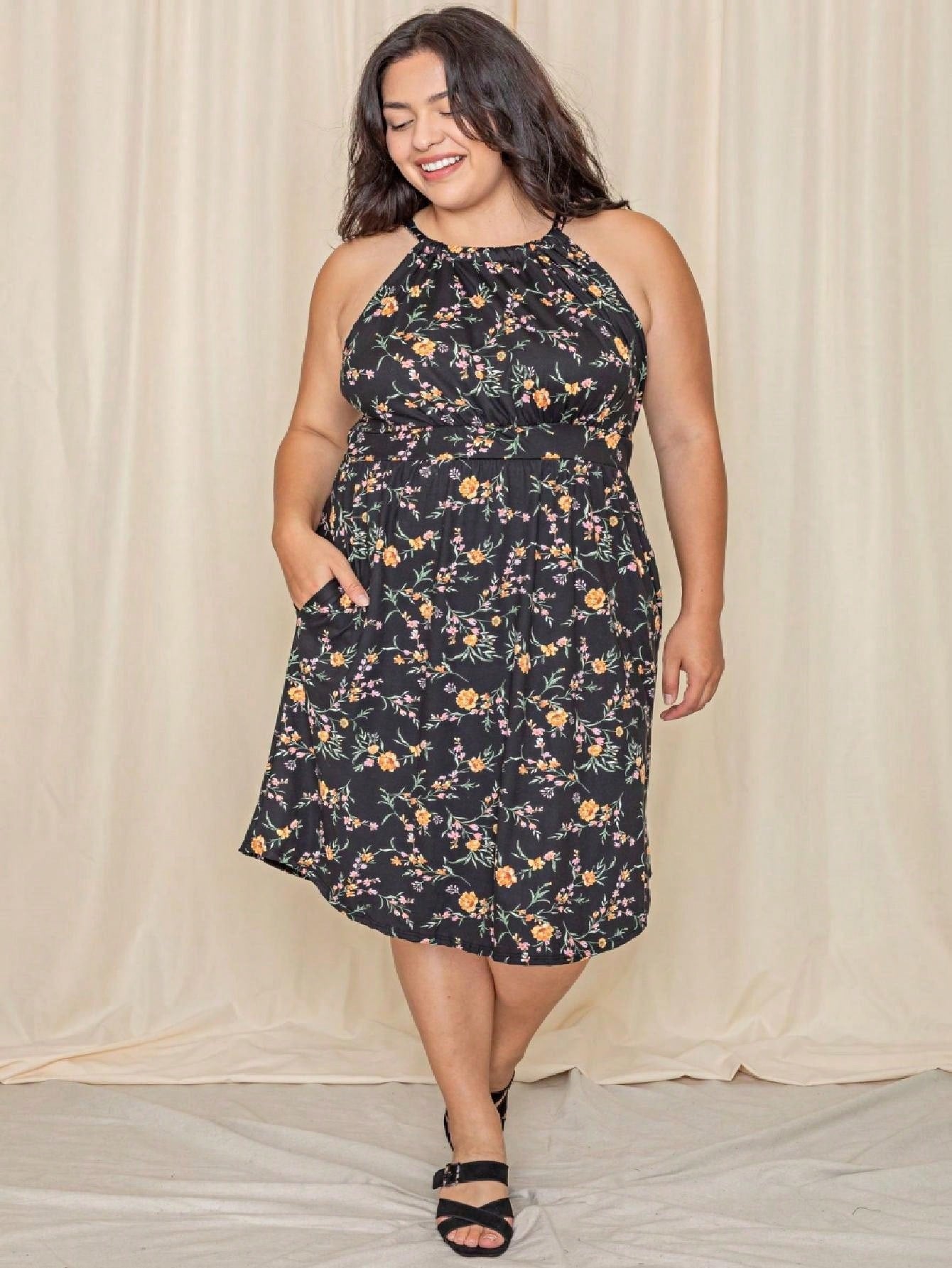 Grey Stripe Ditsy Floral Leaves Tropical  Halter Neck Tie Sash  Ruffle Tiered Midi Dress Swing Southern Cruise Dress | Small -3 XL Plus
