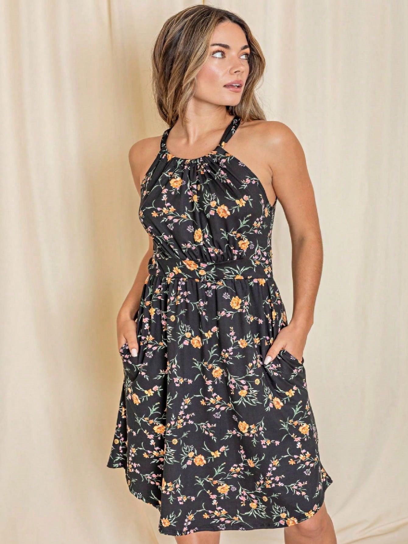 Grey Stripe Ditsy Floral Leaves Tropical  Halter Neck Tie Sash  Ruffle Tiered Midi Dress Swing Southern Cruise Dress | Small -3 XL Plus