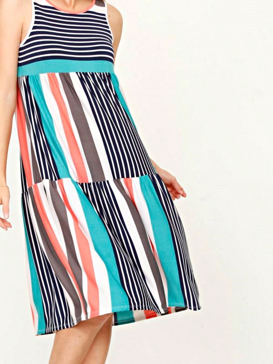 Vintage Boho Summer Fall Pink Teal Polka Dot Stripe Shift Swing Tiered Sleeveless Southern Midi Dress | Small-3 XL Plus