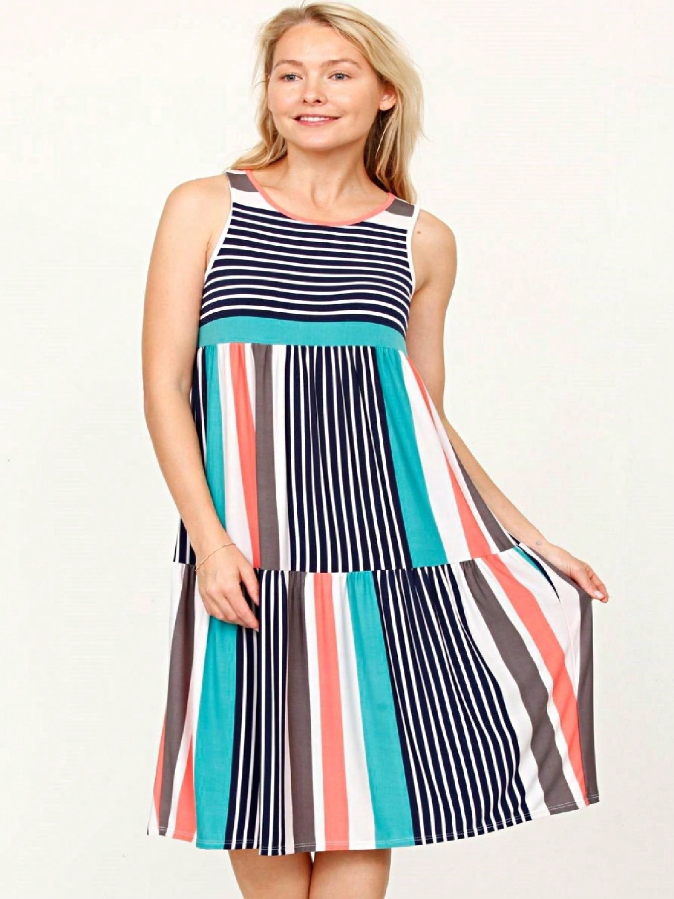 Vintage Boho Summer Fall Pink Teal Polka Dot Stripe Shift Swing Tiered Sleeveless Southern Midi Dress | Small-3 XL Plus