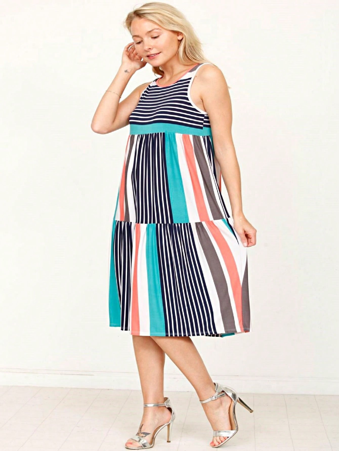 Vintage Boho Summer Fall Pink Teal Polka Dot Stripe Shift Swing Tiered Sleeveless Southern Midi Dress | Small-3 XL Plus