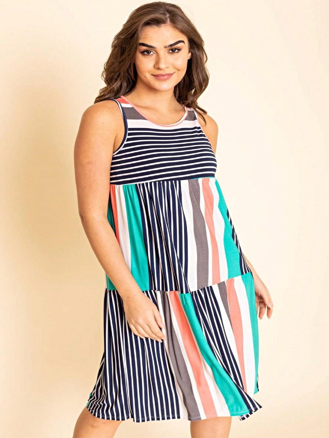 Vintage Boho Summer Fall Pink Teal Polka Dot Stripe Shift Swing Tiered Sleeveless Southern Midi Dress | Small-3 XL Plus