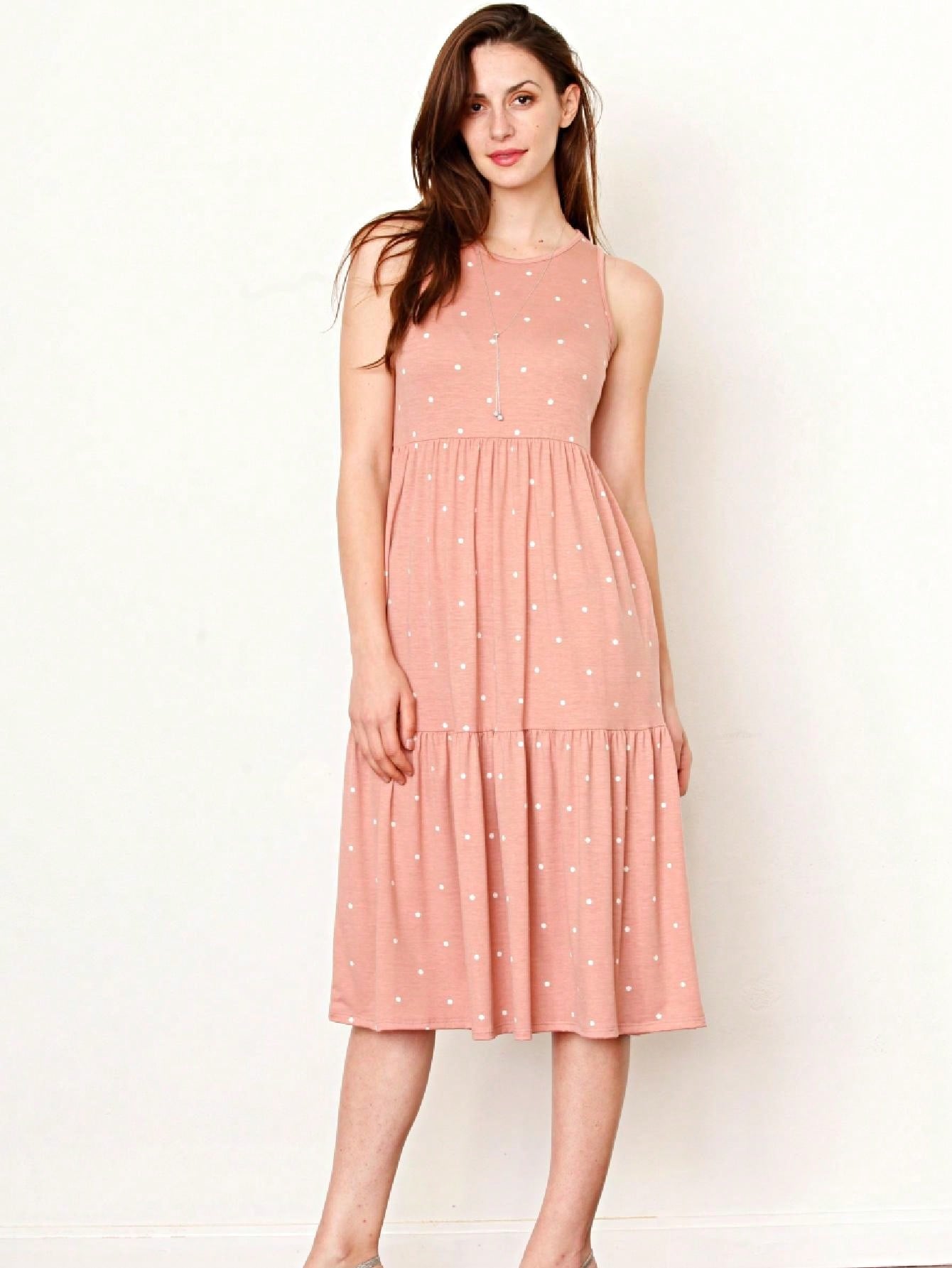 Vintage Boho Summer Fall Pink Teal Polka Dot Stripe Shift Swing Tiered Sleeveless Southern Midi Dress | Small-3 XL Plus