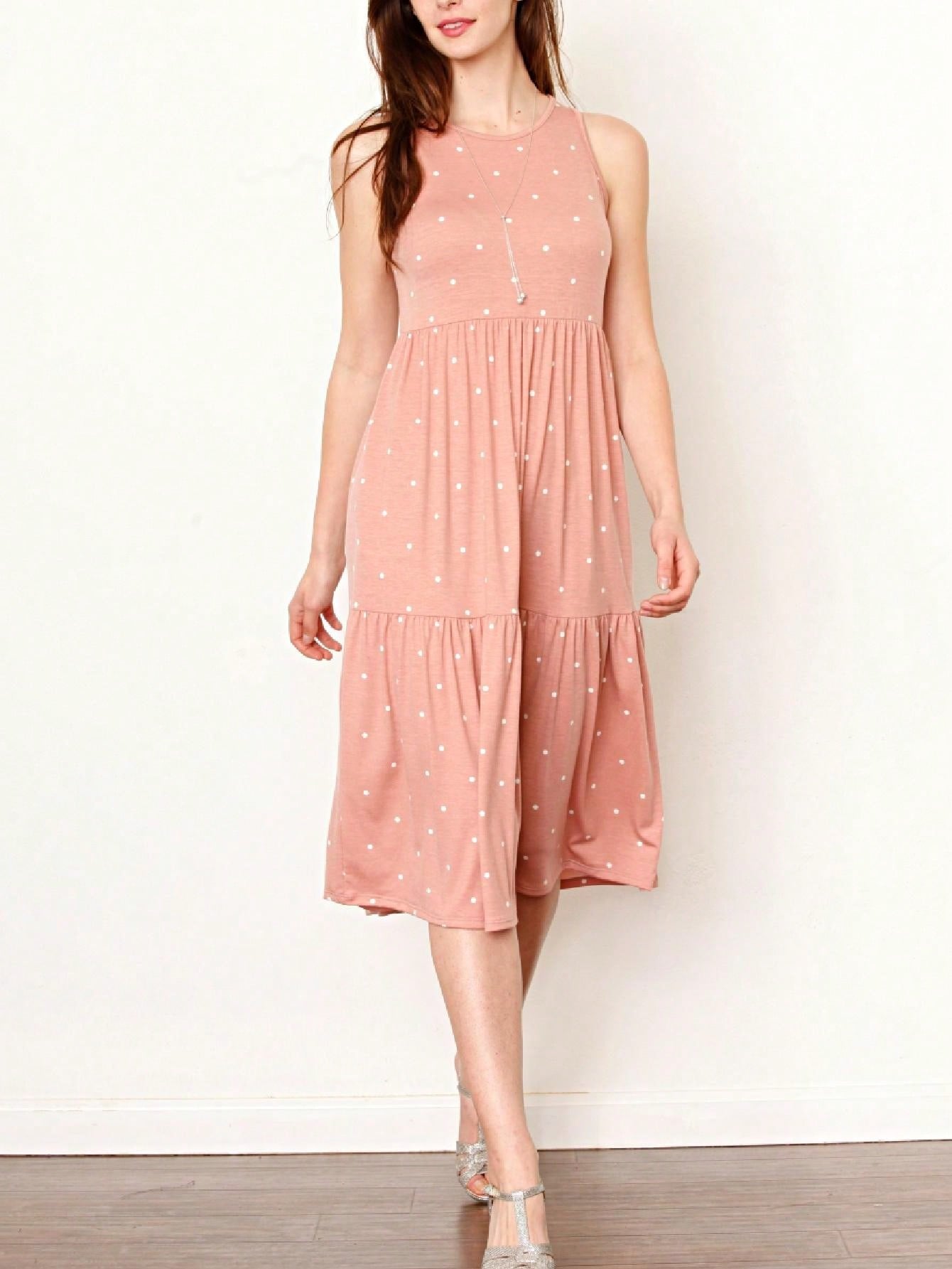 Vintage Boho Summer Fall Pink Teal Polka Dot Stripe Shift Swing Tiered Sleeveless Southern Midi Dress | Small-3 XL Plus