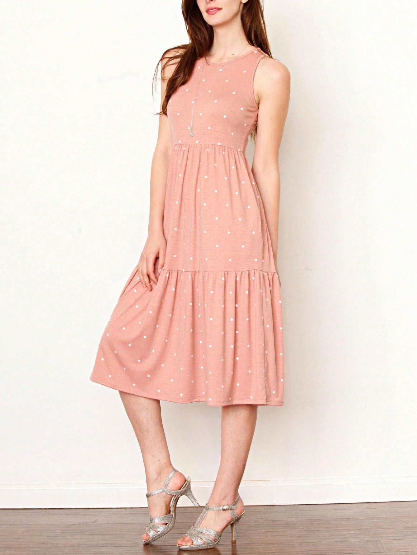 Vintage Boho Summer Fall Pink Teal Polka Dot Stripe Shift Swing Tiered Sleeveless Southern Midi Dress | Small-3 XL Plus