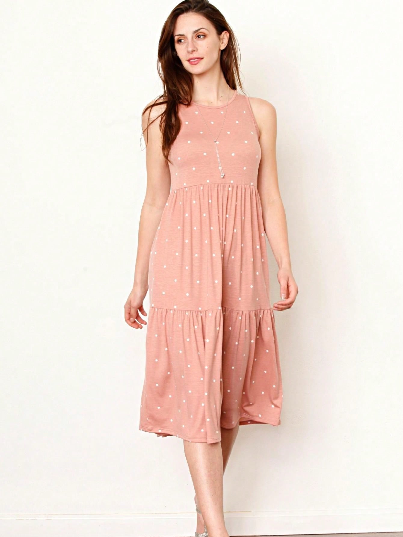 Vintage Boho Summer Fall Pink Teal Polka Dot Stripe Shift Swing Tiered Sleeveless Southern Midi Dress | Small-3 XL Plus