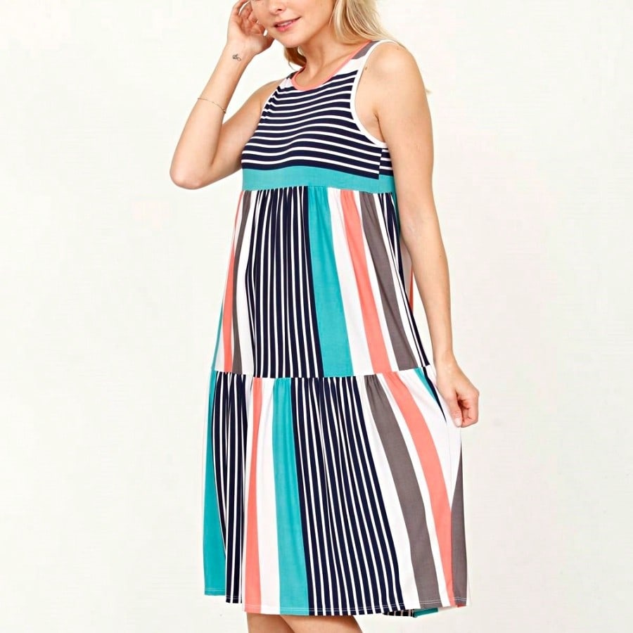 Vintage Boho Summer Fall Pink Teal Polka Dot Stripe Shift Swing Tiered Sleeveless Southern Midi Dress | Small-3 XL Plus