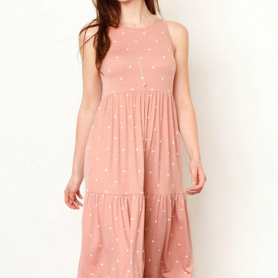 Vintage Boho Summer Fall Pink Teal Polka Dot Stripe Shift Swing Tiered Sleeveless Southern Midi Dress | Small-3 XL Plus