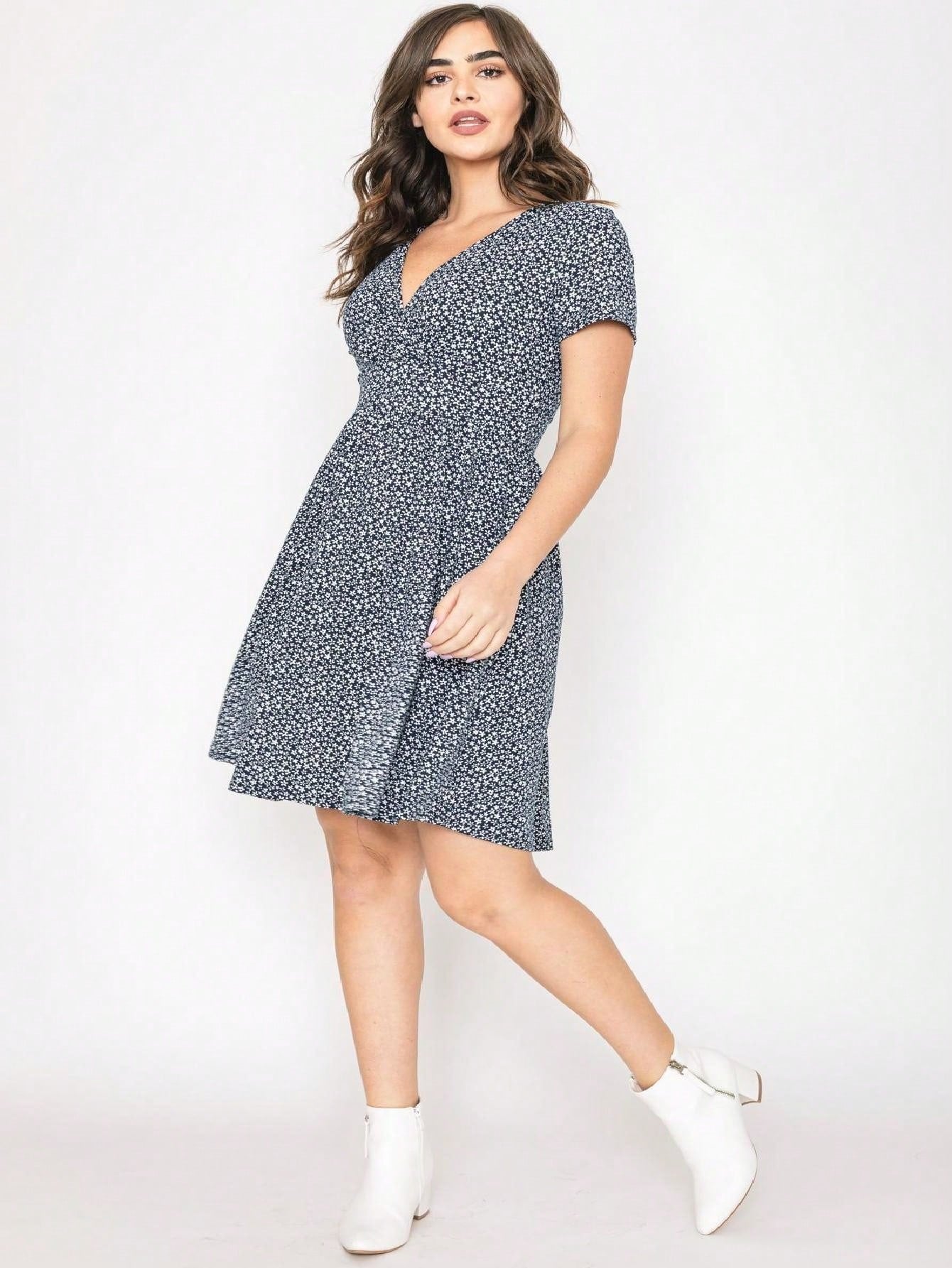 Boho Retro Sage Navy Pink Black Ditsy Floral Surplice Deep V Neck Band Waist Shirring Soft Swing Dress Small To 3 XL Plus