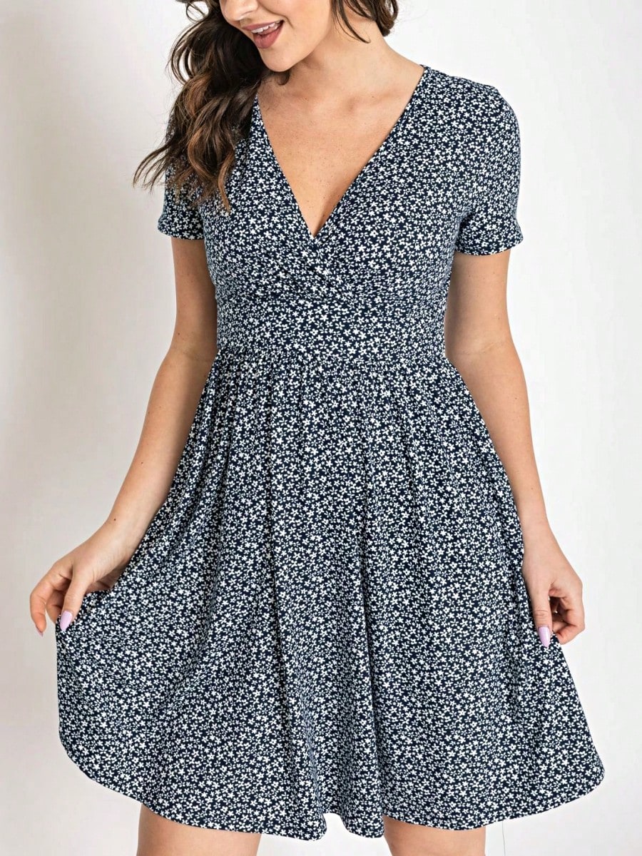 Boho Retro Sage Navy Pink Black Ditsy Floral Surplice Deep V Neck Band Waist Shirring Soft Swing Dress Small To 3 XL Plus