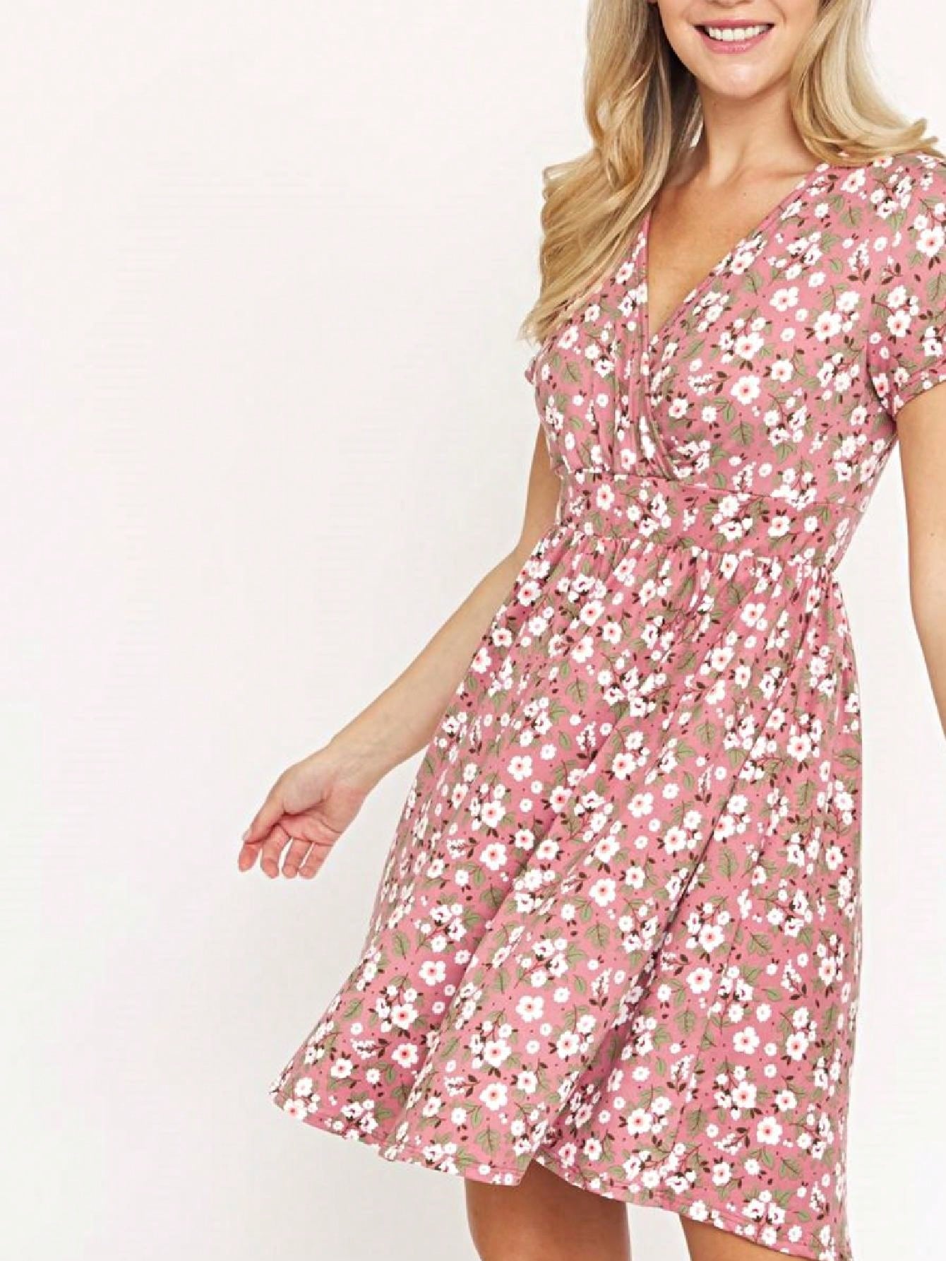 Boho Retro Sage Navy Pink Black Ditsy Floral Surplice Deep V Neck Band Waist Shirring Soft Swing Dress Small To 3 XL Plus