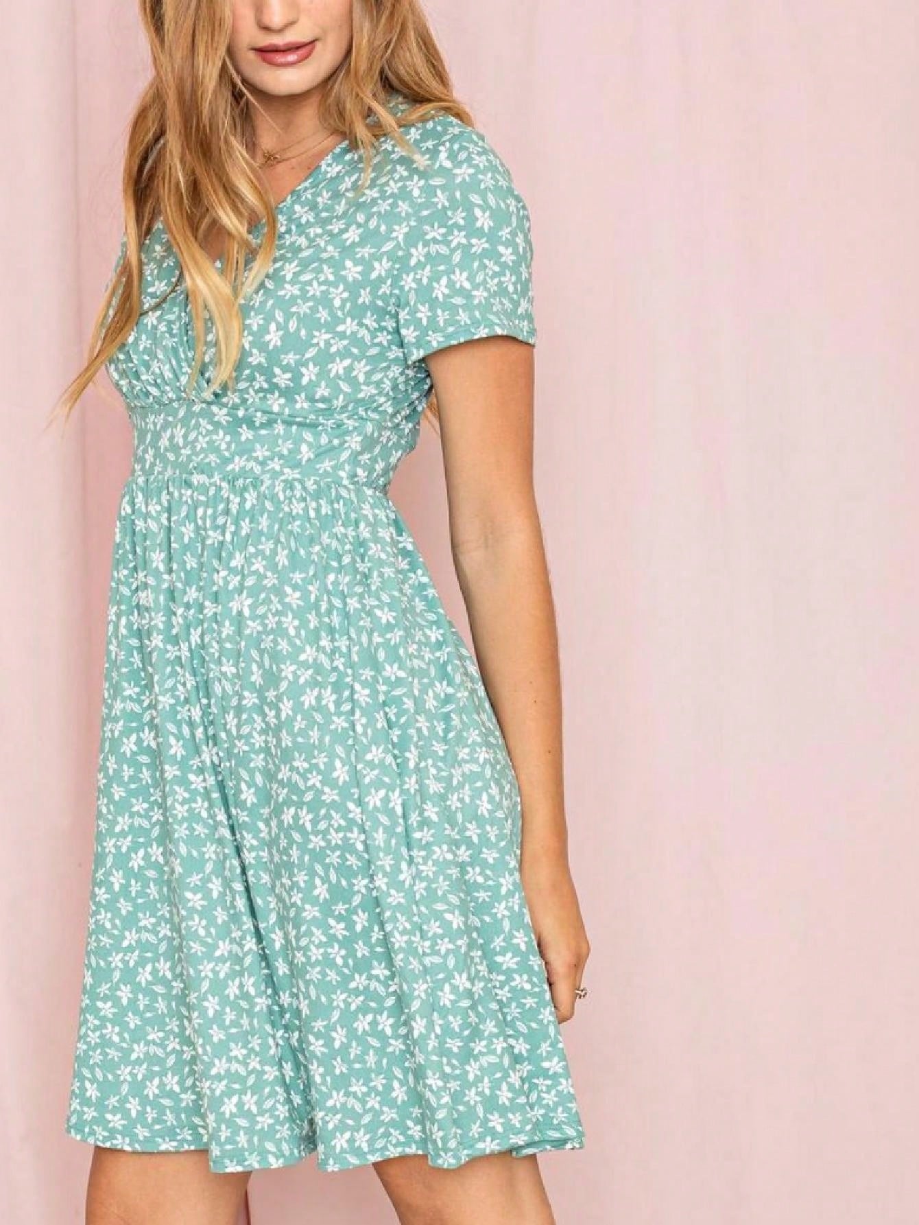 Boho Retro Sage Navy Pink Black Ditsy Floral Surplice Deep V Neck Band Waist Shirring Soft Swing Dress Small To 3 XL Plus