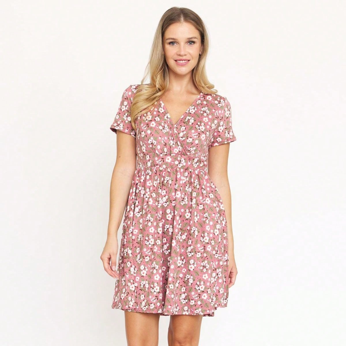 Boho Retro Sage Navy Pink Black Ditsy Floral Surplice Deep V Neck Band Waist Shirring Soft Swing Dress Small To 3 XL Plus