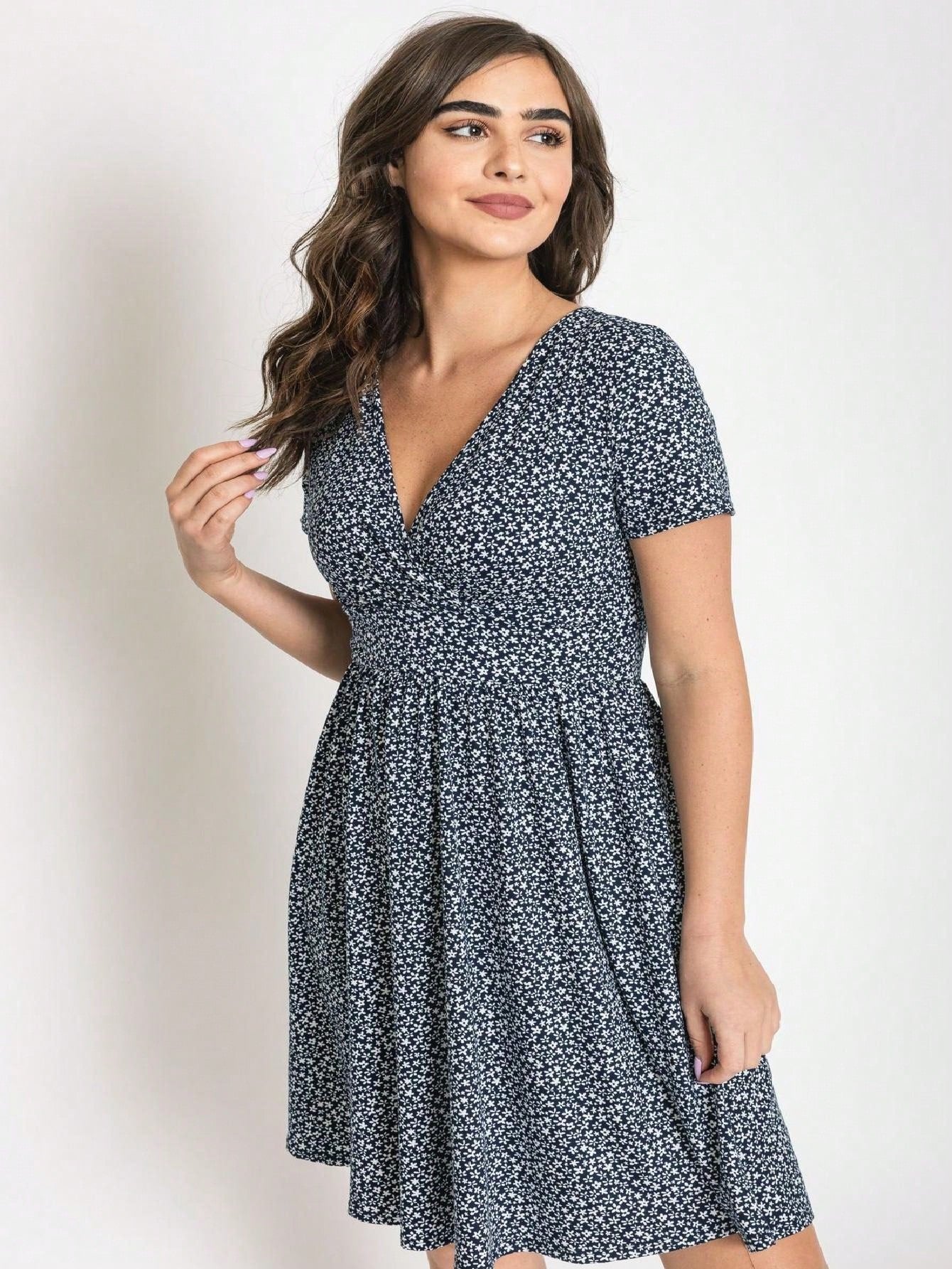 Boho Retro Sage Navy Pink Black Ditsy Floral Surplice Deep V Neck Band Waist Shirring Soft Swing Dress Small To 3 XL Plus