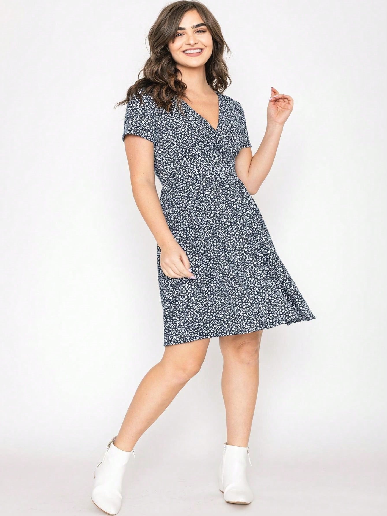 Boho Retro Sage Navy Pink Black Ditsy Floral Surplice Deep V Neck Band Waist Shirring Soft Swing Dress Small To 3 XL Plus