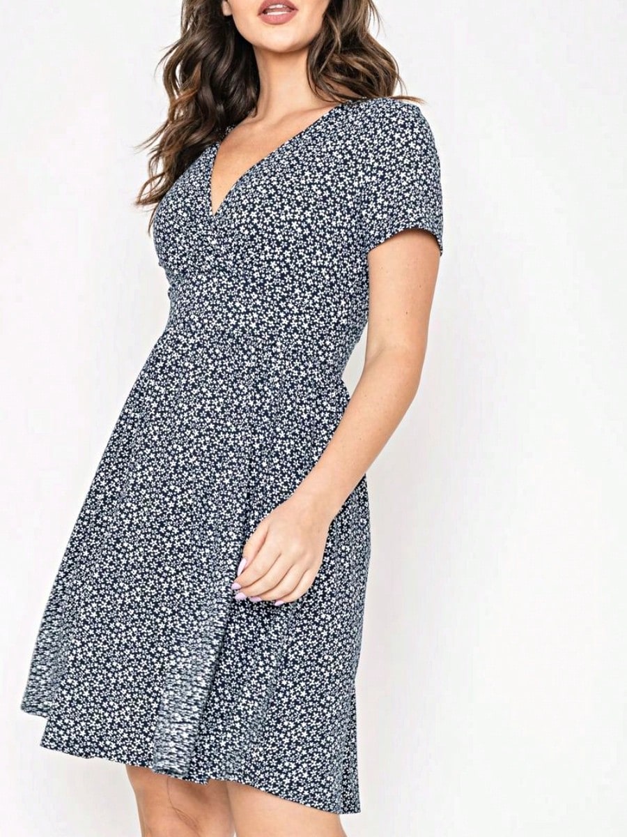 Boho Retro Sage Navy Pink Black Ditsy Floral Surplice Deep V Neck Band Waist Shirring Soft Swing Dress Small To 3 XL Plus