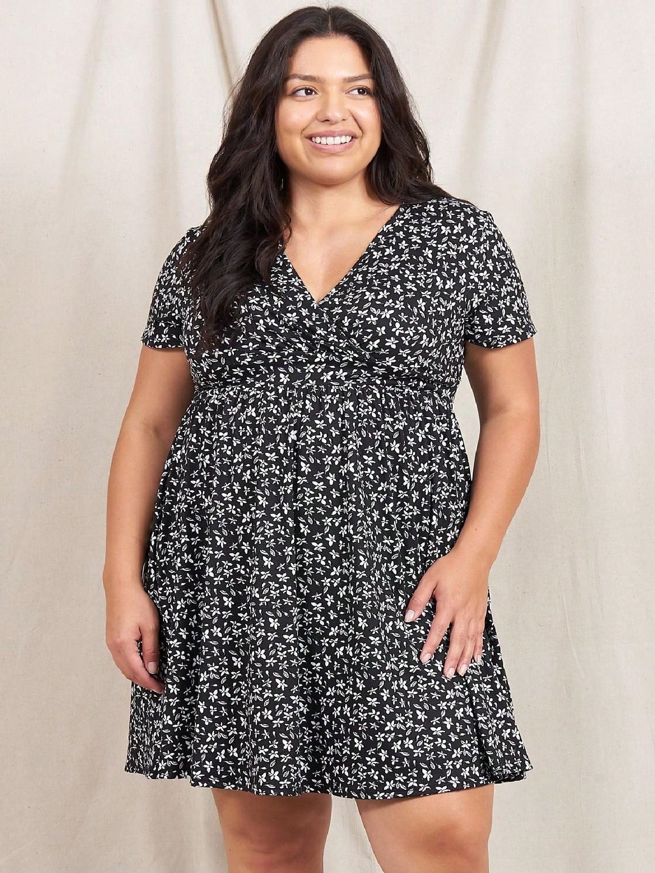 Boho Retro Sage Navy Pink Black Ditsy Floral Surplice Deep V Neck Band Waist Shirring Soft Swing Dress Small To 3 XL Plus