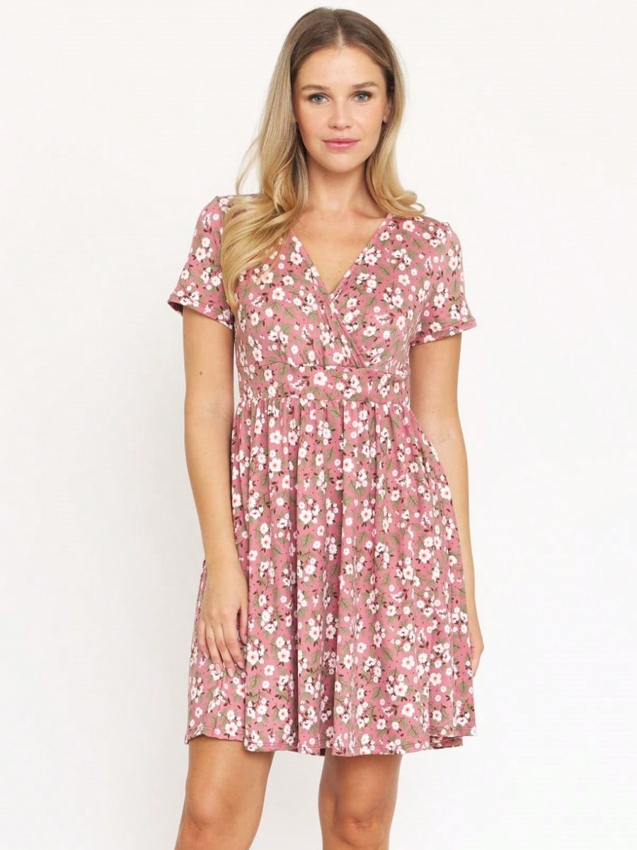Boho Retro Sage Navy Pink Black Ditsy Floral Surplice Deep V Neck Band Waist Shirring Soft Swing Dress Small To 3 XL Plus