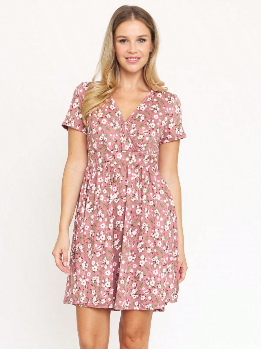 Boho Retro Sage Navy Pink Black Ditsy Floral Surplice Deep V Neck Band Waist Shirring Soft Swing Dress Small To 3 XL Plus