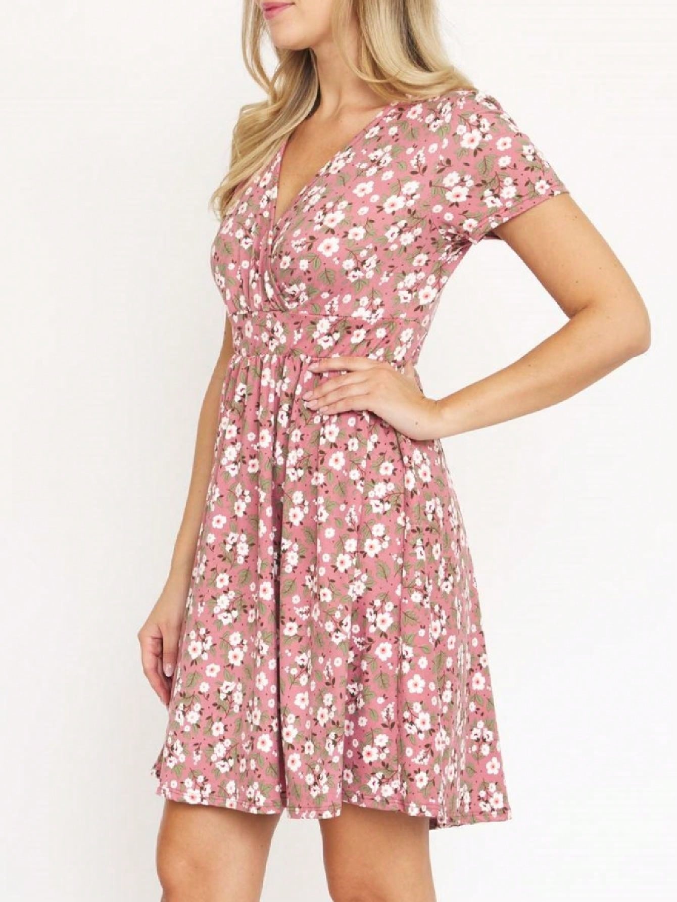 Boho Retro Sage Navy Pink Black Ditsy Floral Surplice Deep V Neck Band Waist Shirring Soft Swing Dress Small To 3 XL Plus