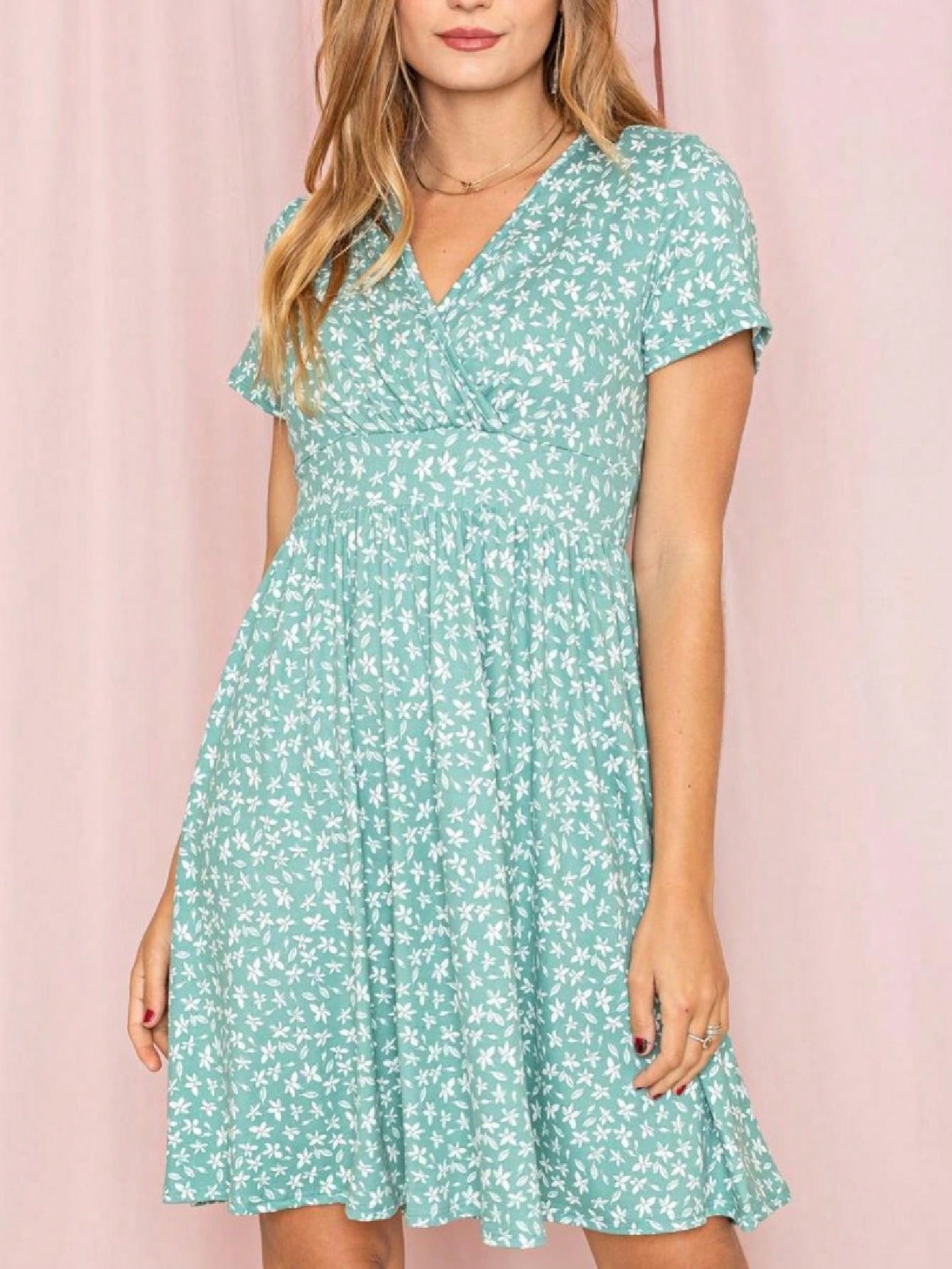 Boho Retro Sage Navy Pink Black Ditsy Floral Surplice Deep V Neck Band Waist Shirring Soft Swing Dress Small To 3 XL Plus