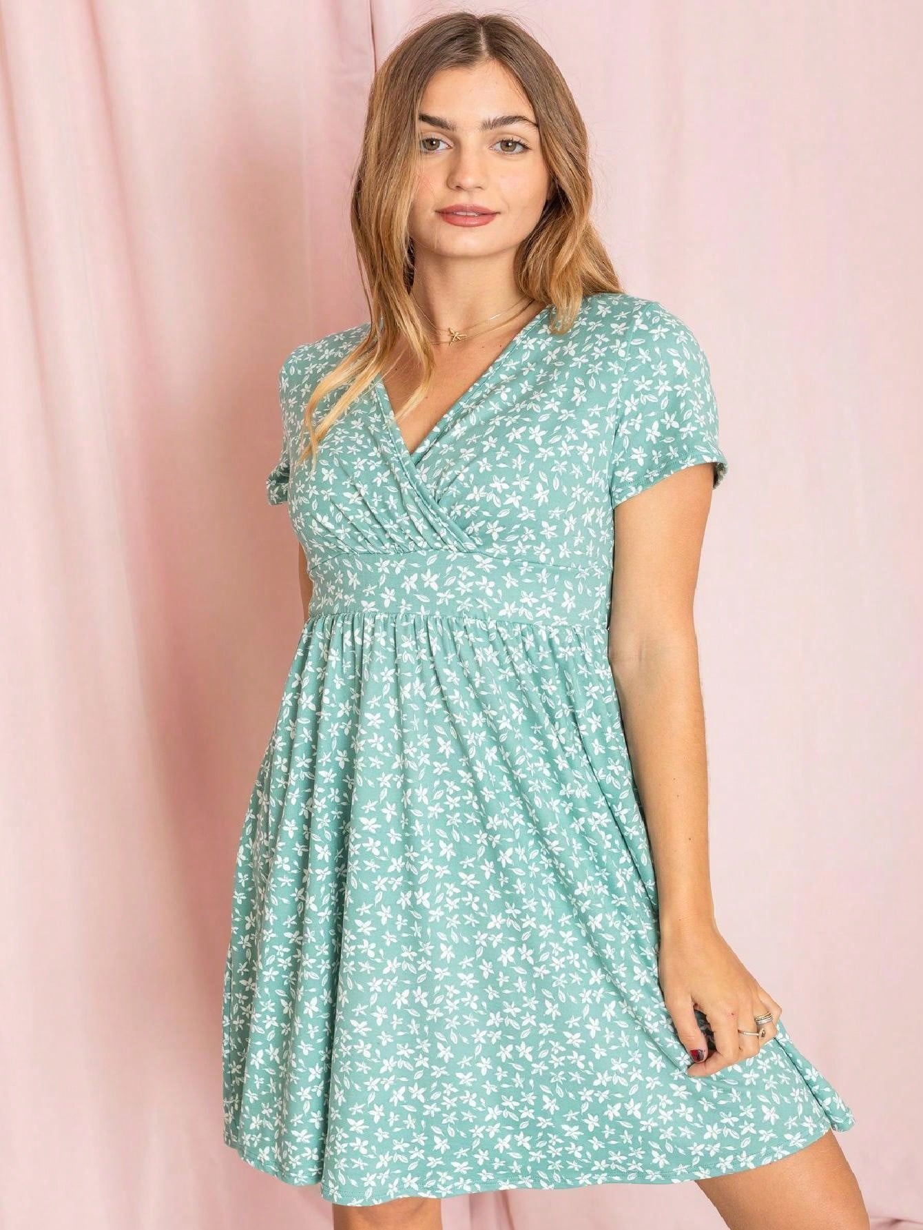 Boho Retro Sage Navy Pink Black Ditsy Floral Surplice Deep V Neck Band Waist Shirring Soft Swing Dress Small To 3 XL Plus