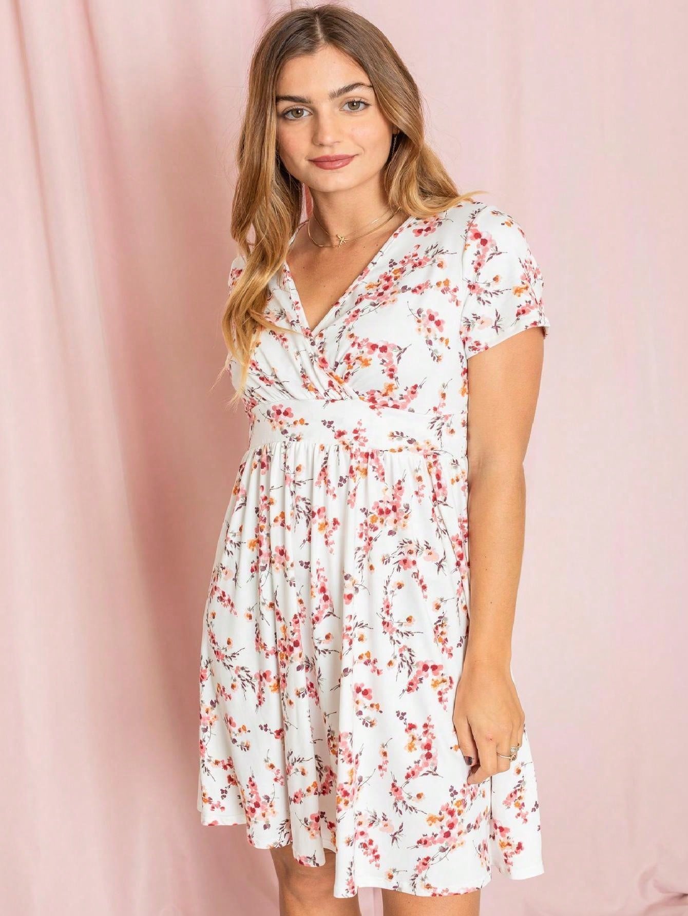 Boho Retro Sage Navy Pink Black Ditsy Floral Surplice Deep V Neck Band Waist Shirring Soft Swing Dress Small To 3 XL Plus