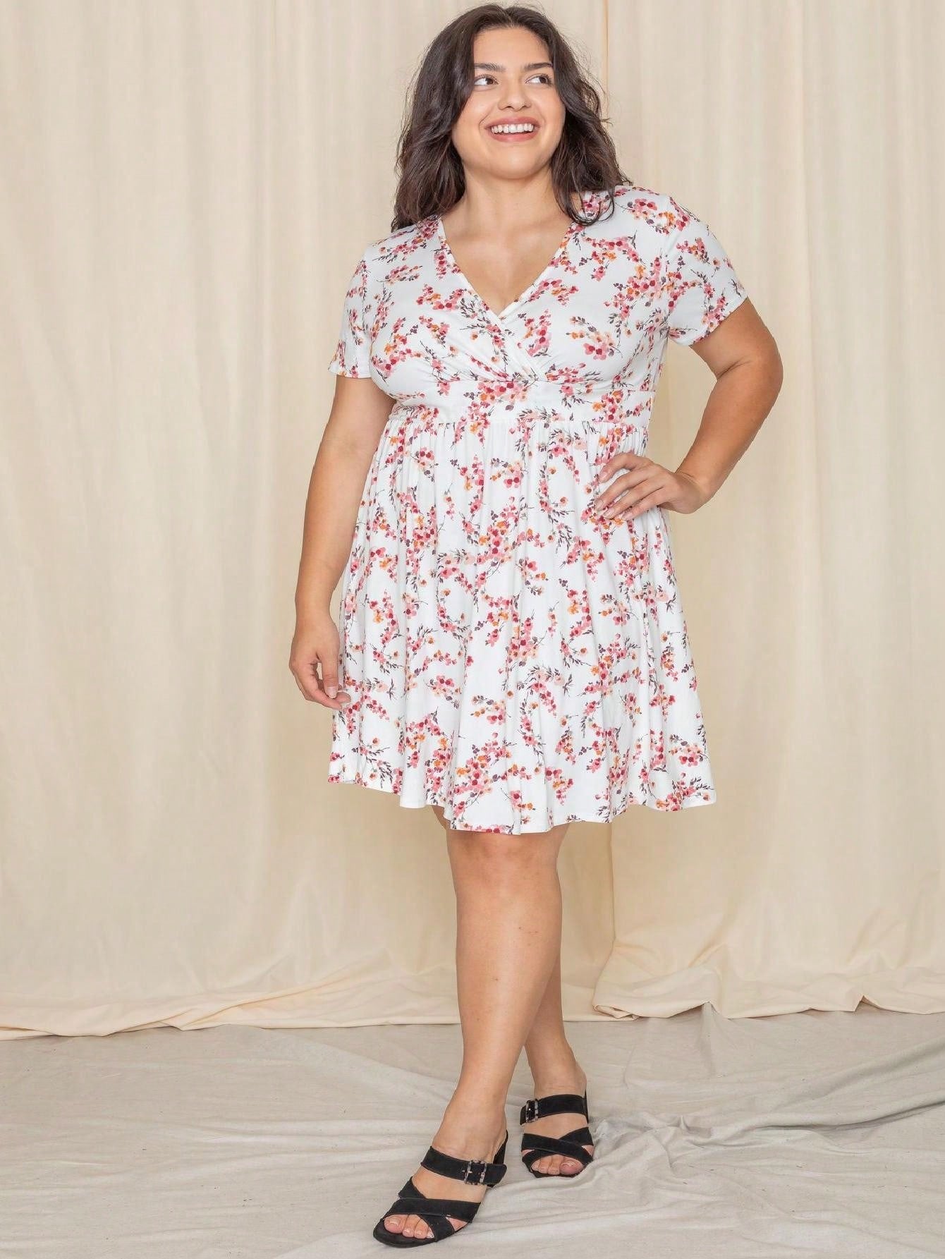 Boho Retro Sage Navy Pink Black Ditsy Floral Surplice Deep V Neck Band Waist Shirring Soft Swing Dress Small To 3 XL Plus