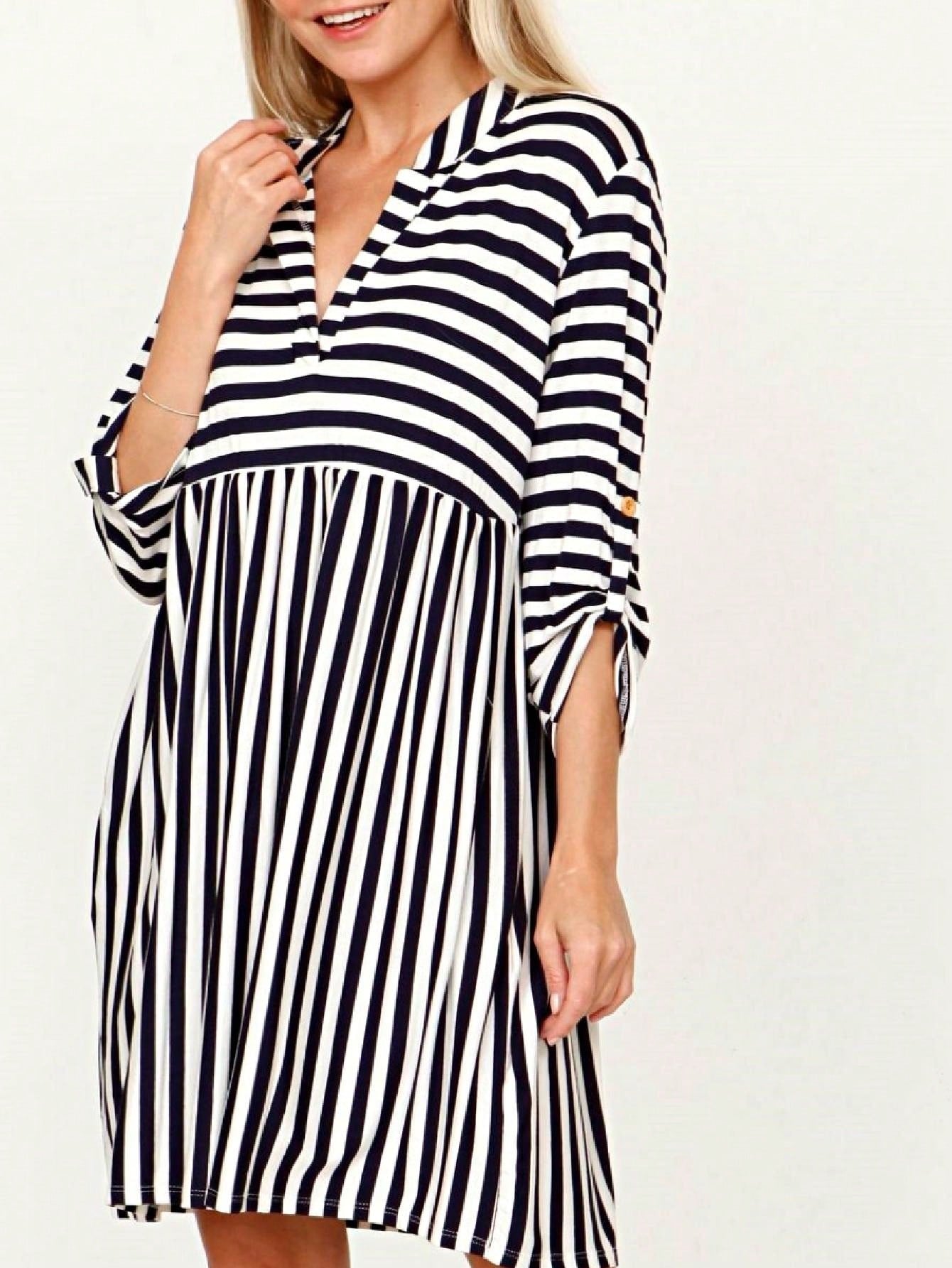 Boho Retro Stripe Plaid  Notch Neck Tab Sleeve  2K Shirt Tunic Shirt