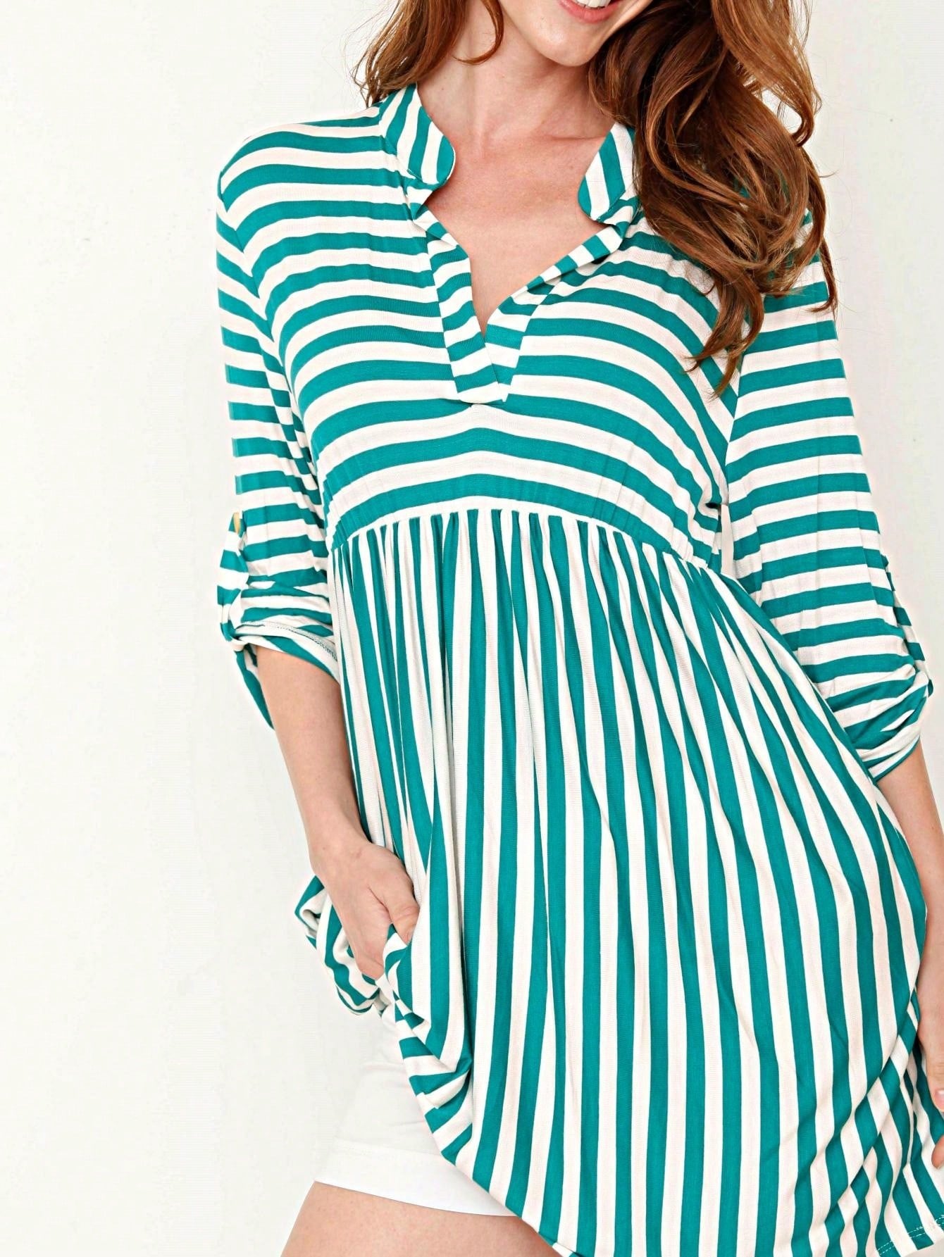 Boho Retro Stripe Plaid  Notch Neck Tab Sleeve  2K Shirt Tunic Shirt