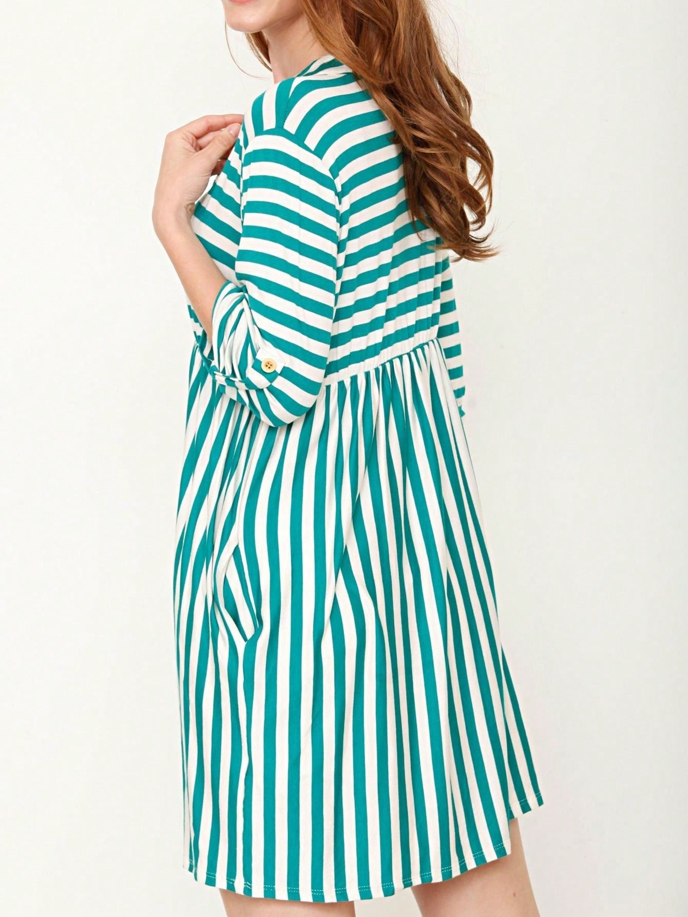 Boho Retro Stripe Plaid  Notch Neck Tab Sleeve  2K Shirt Tunic Shirt