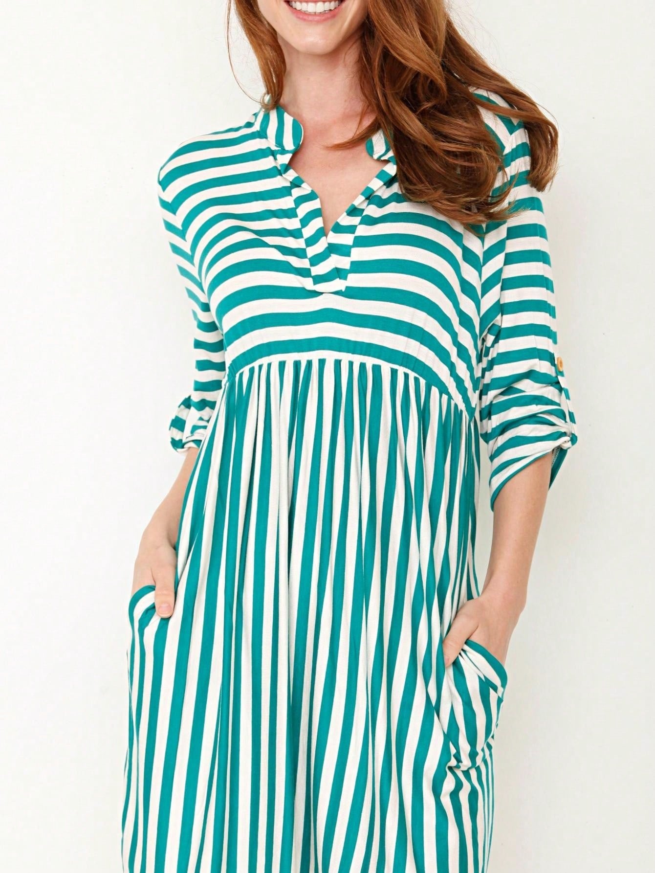 Boho Retro Stripe Plaid  Notch Neck Tab Sleeve  2K Shirt Tunic Shirt