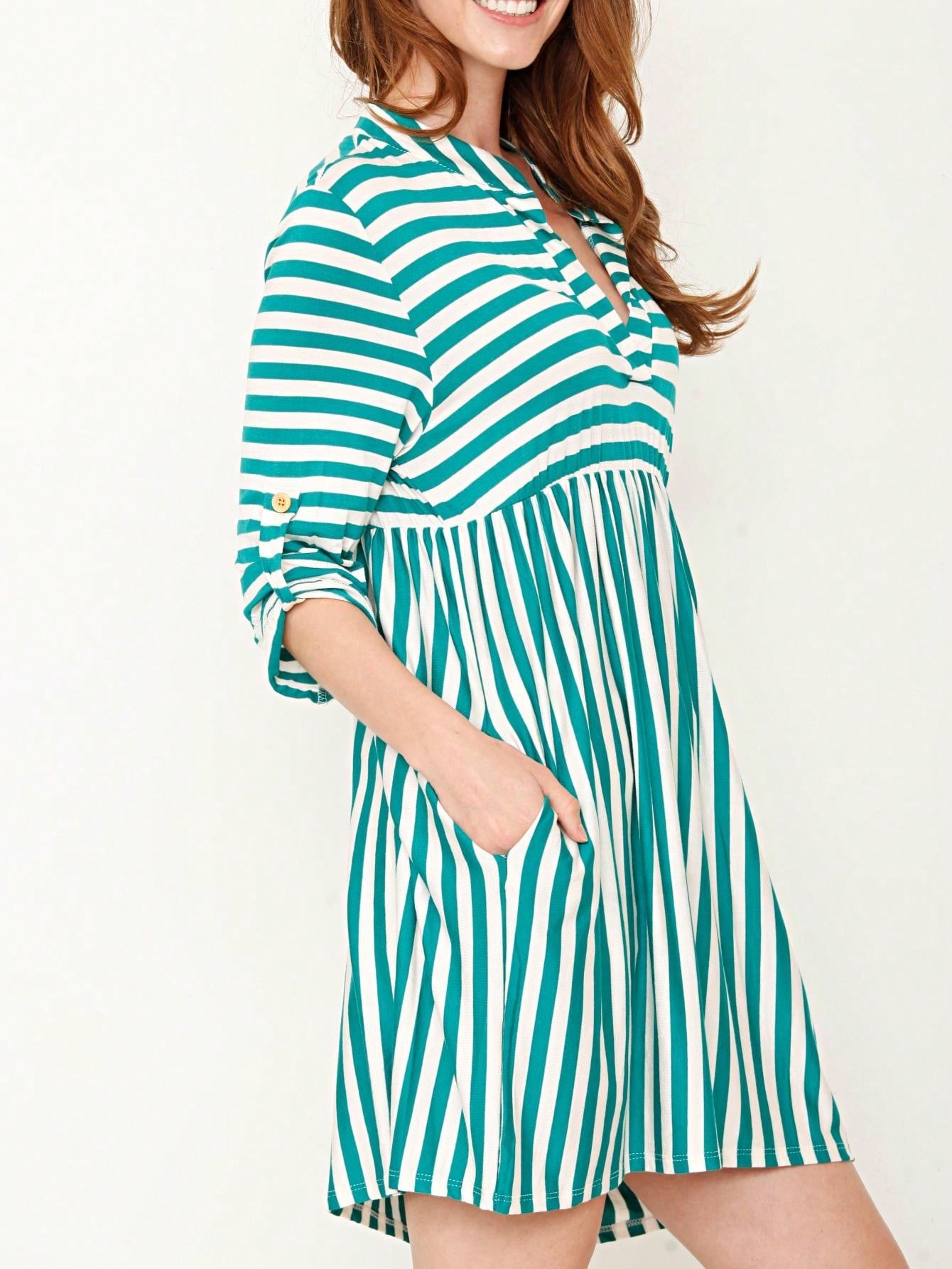 Boho Retro Stripe Plaid  Notch Neck Tab Sleeve  2K Shirt Tunic Shirt