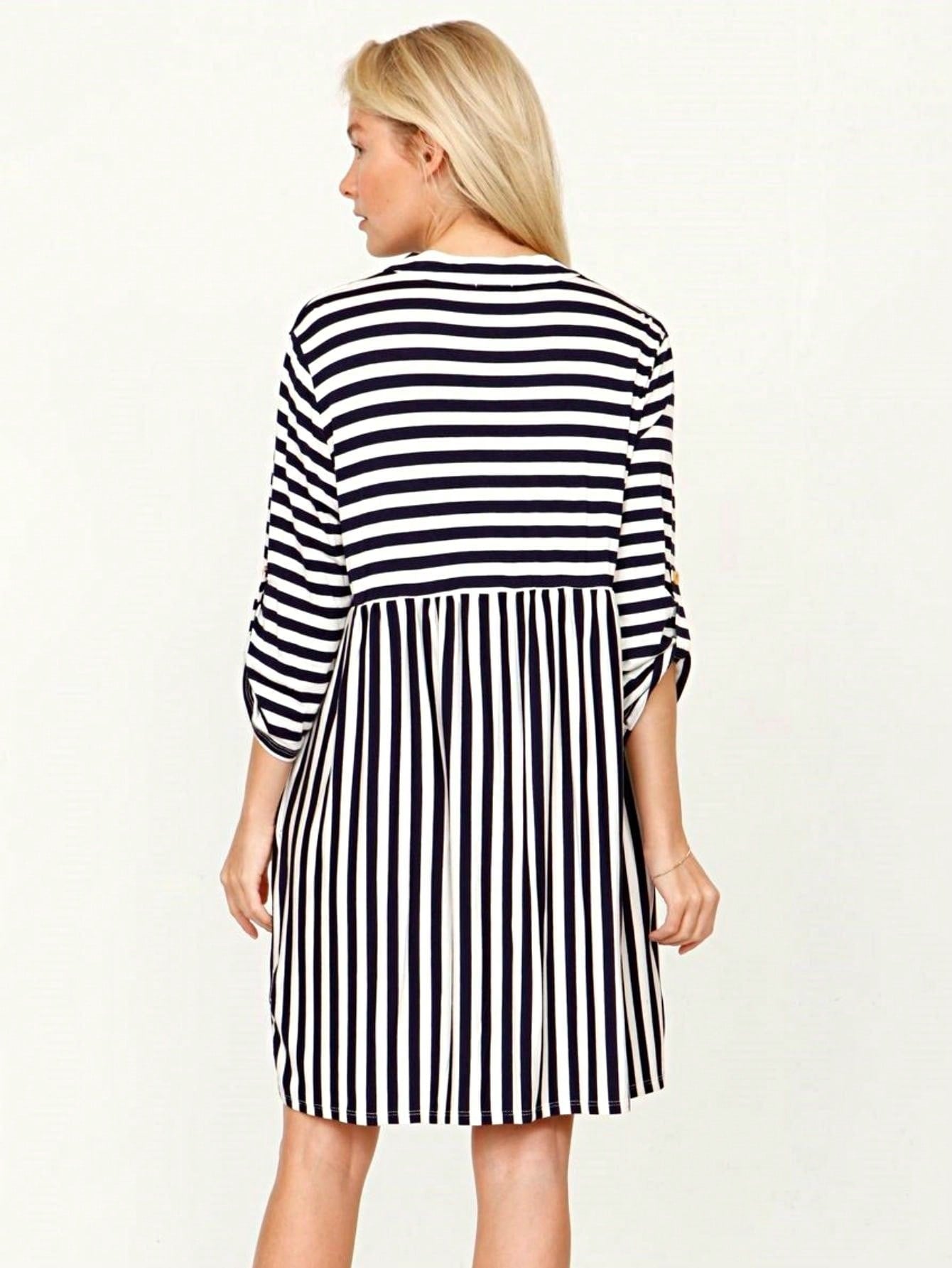 Boho Retro Stripe Plaid  Notch Neck Tab Sleeve  2K Shirt Tunic Shirt