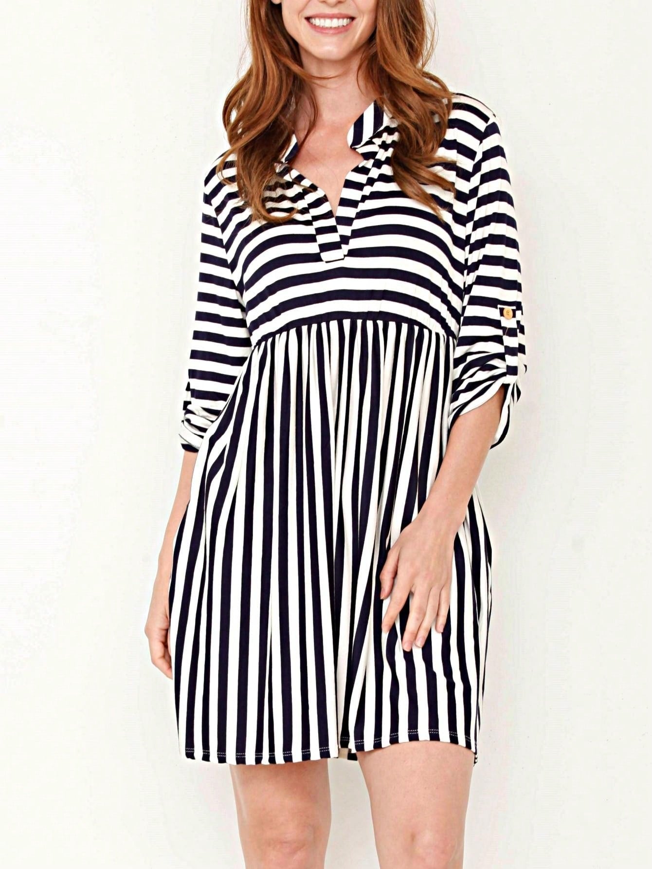 Boho Retro Stripe Plaid  Notch Neck Tab Sleeve  2K Shirt Tunic Shirt