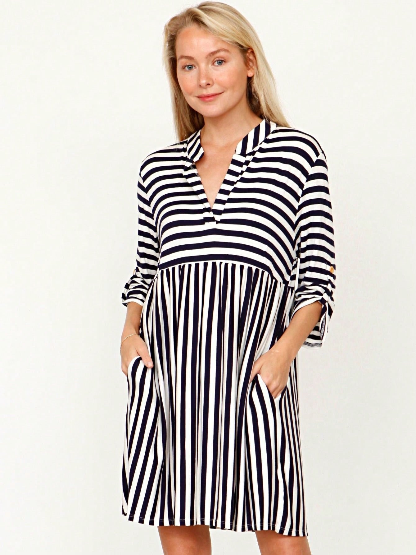 Boho Retro Stripe Plaid  Notch Neck Tab Sleeve  2K Shirt Tunic Shirt