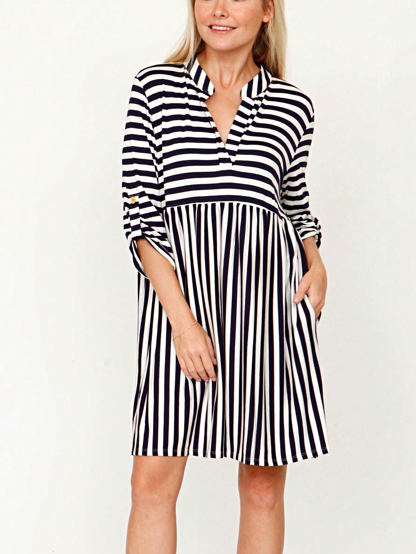 Boho Retro Stripe Plaid  Notch Neck Tab Sleeve  2K Shirt Tunic Shirt