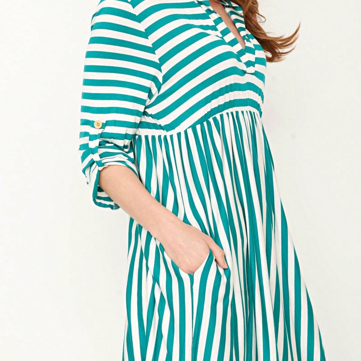 Boho Retro Stripe Plaid  Notch Neck Tab Sleeve  2K Shirt Tunic Shirt