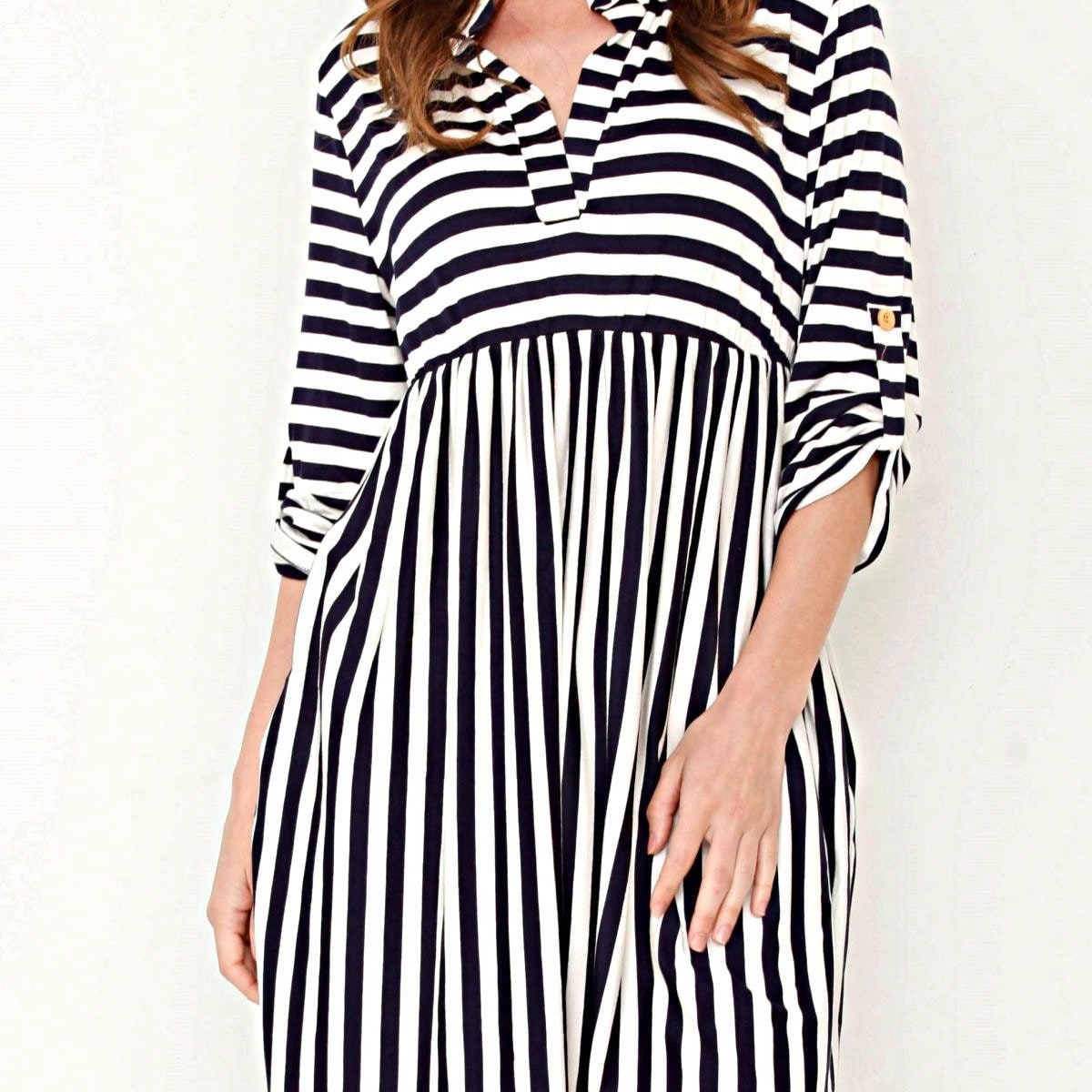 Boho Retro Stripe Plaid  Notch Neck Tab Sleeve  2K Shirt Tunic Shirt
