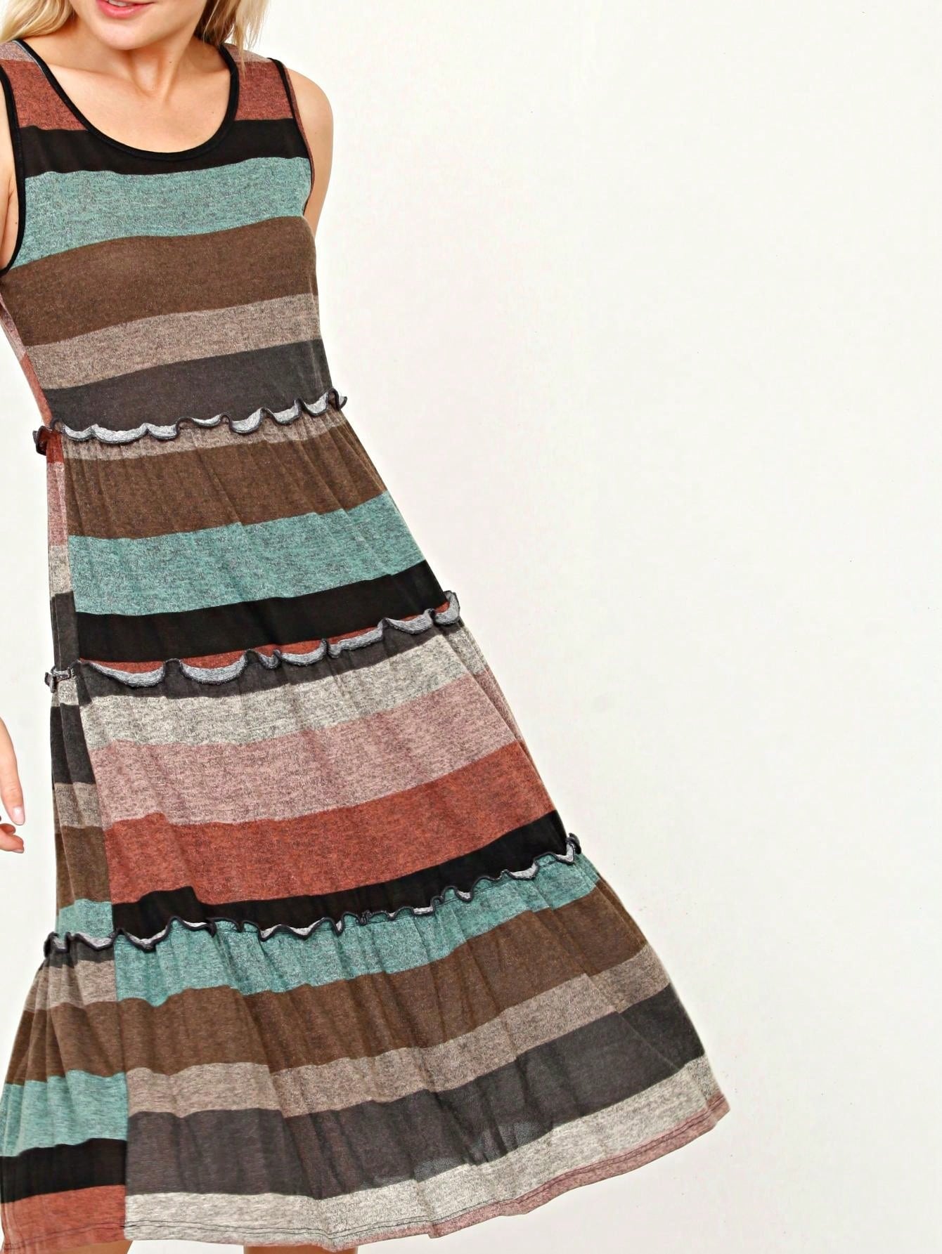 Vintage Boho Summer Fall Pink Teal Polka Dot Stripe Shift Swing Tiered Sleeveless Southern Midi Dress | Small-3 XL Plus
