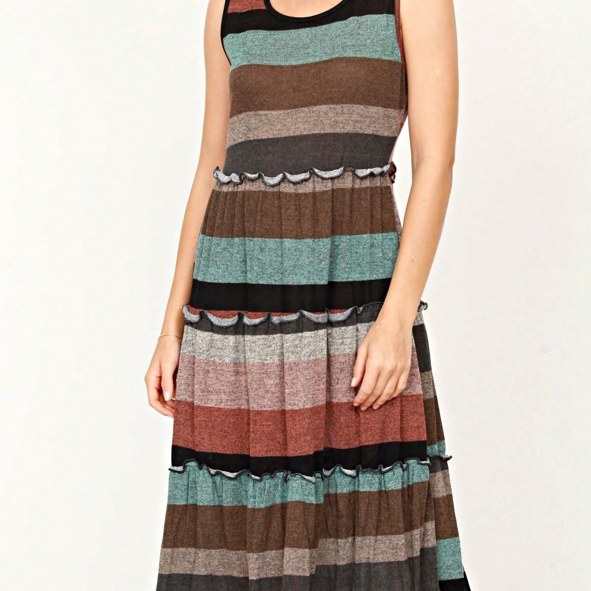 Vintage Boho Summer Fall Pink Teal Polka Dot Stripe Shift Swing Tiered Sleeveless Southern Midi Dress | Small-3 XL Plus