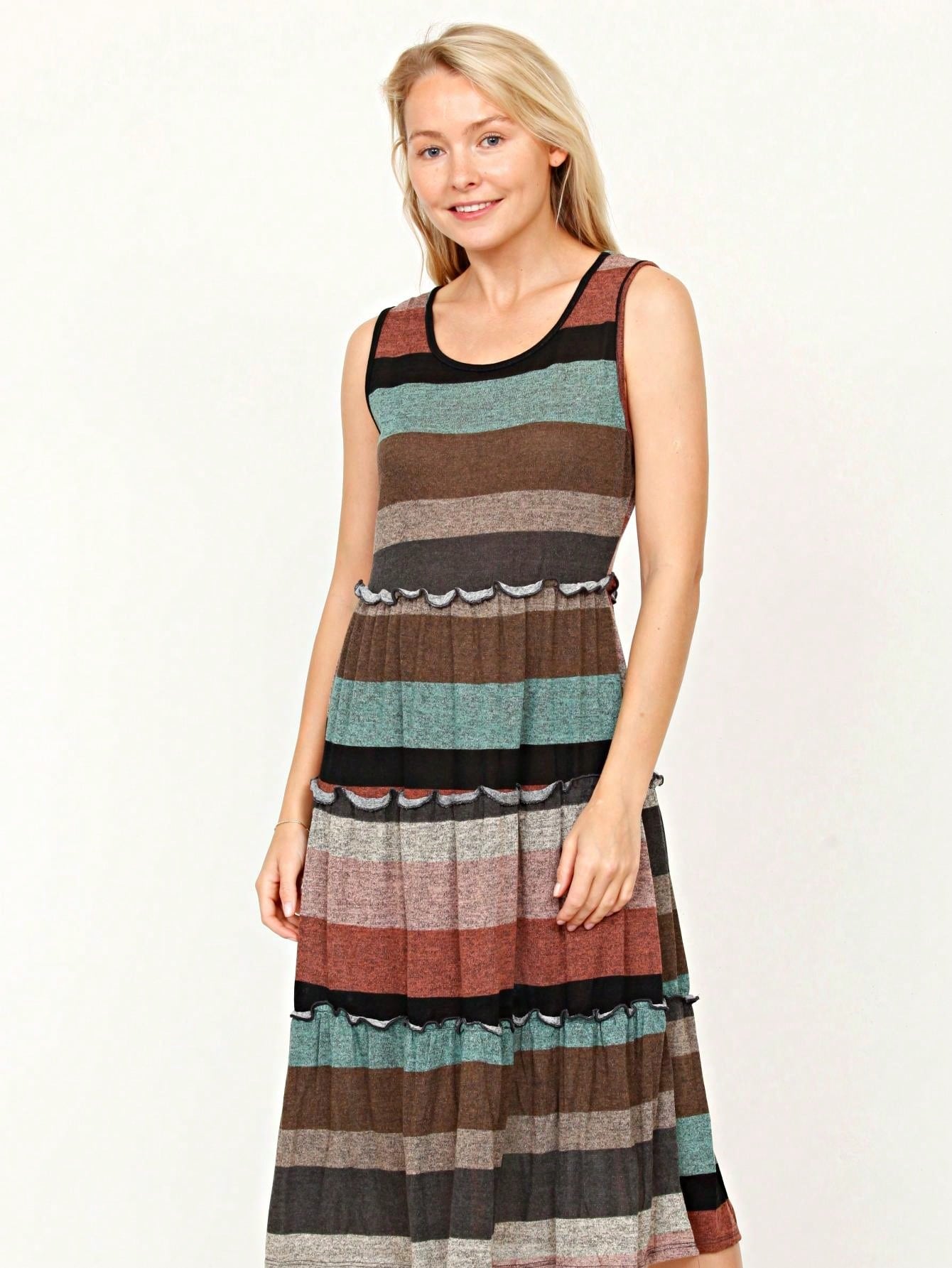 Vintage Boho Summer Fall Pink Teal Polka Dot Stripe Shift Swing Tiered Sleeveless Southern Midi Dress | Small-3 XL Plus