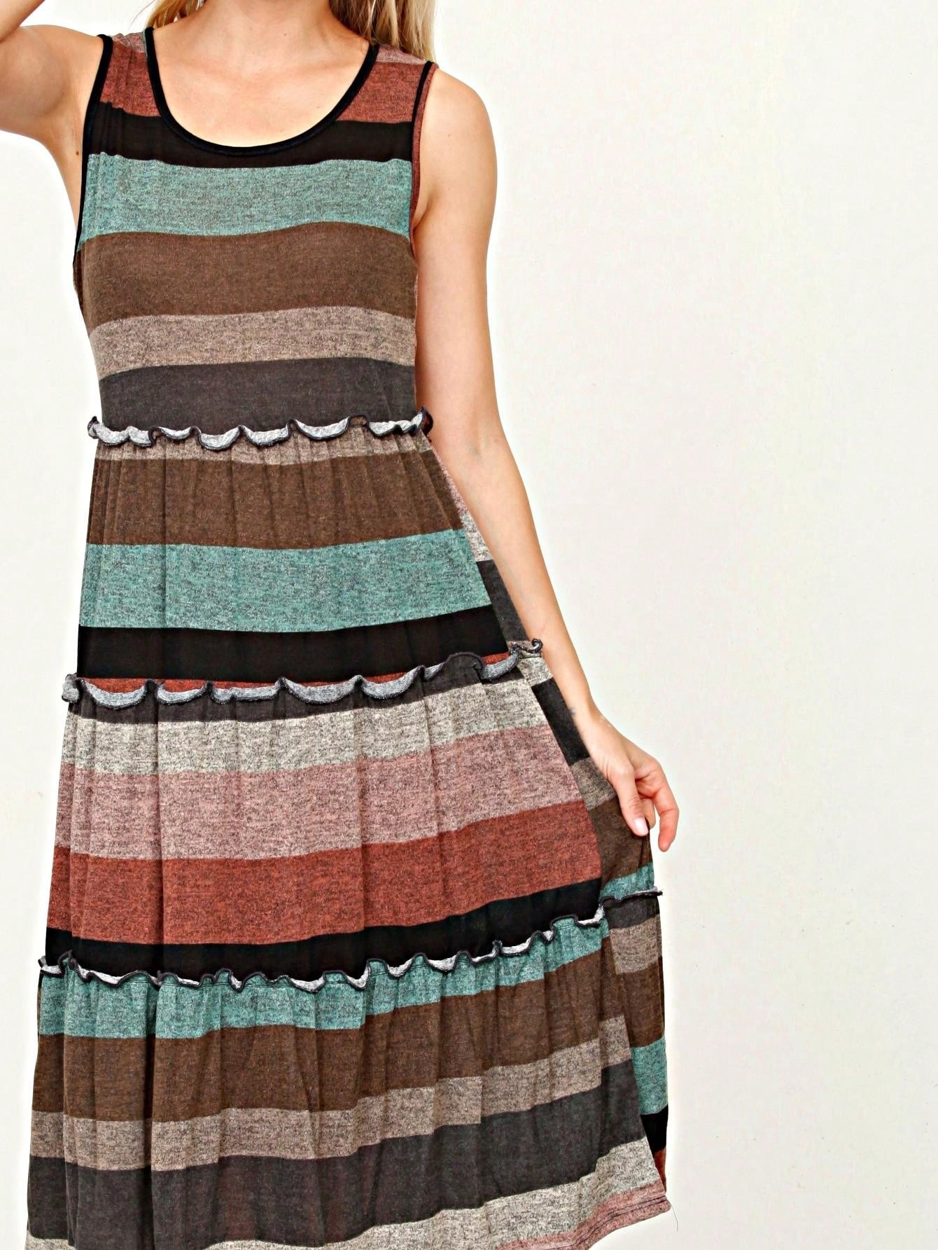 Vintage Boho Summer Fall Pink Teal Polka Dot Stripe Shift Swing Tiered Sleeveless Southern Midi Dress | Small-3 XL Plus