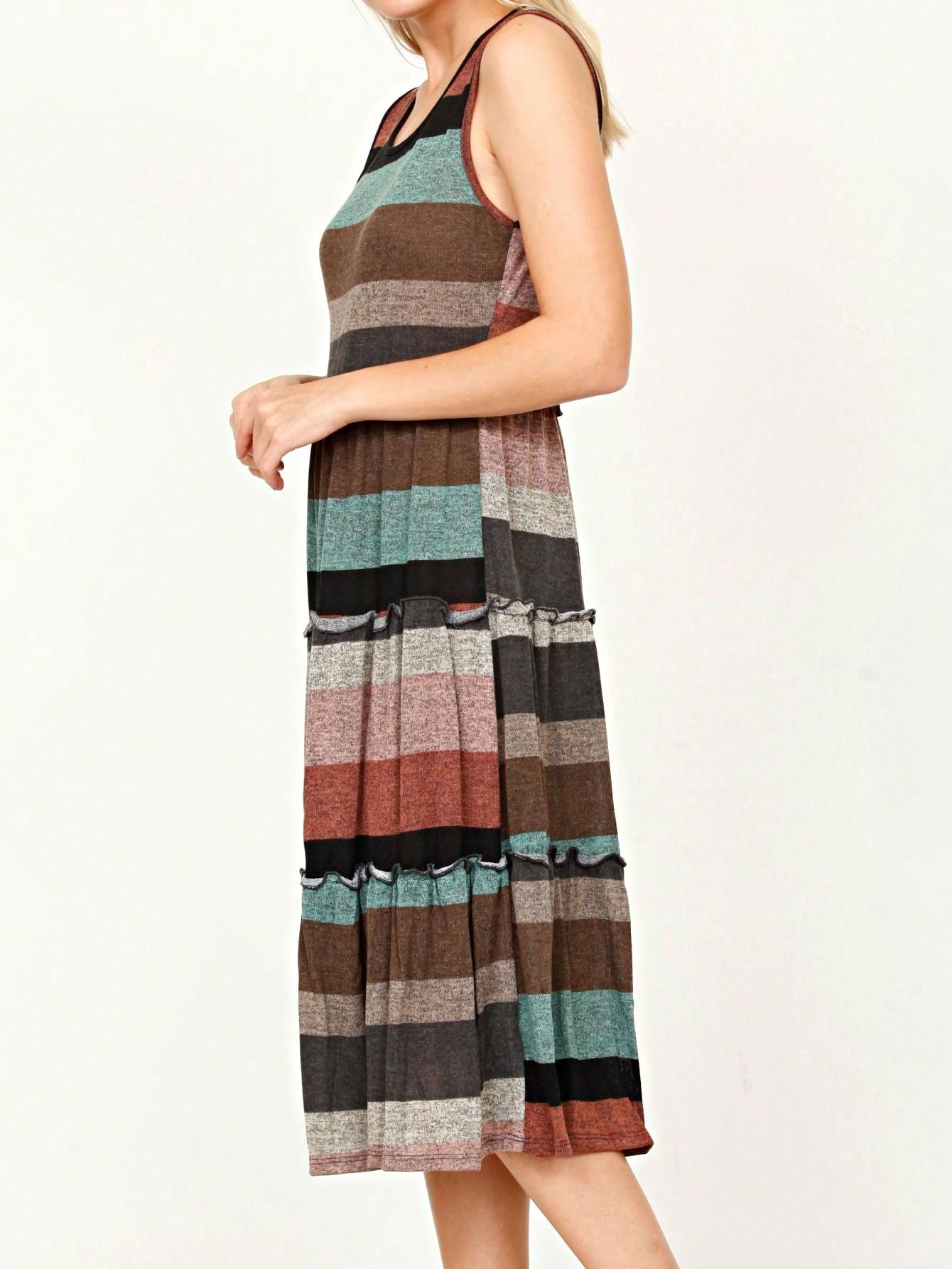 Vintage Boho Summer Fall Pink Teal Polka Dot Stripe Shift Swing Tiered Sleeveless Southern Midi Dress | Small-3 XL Plus