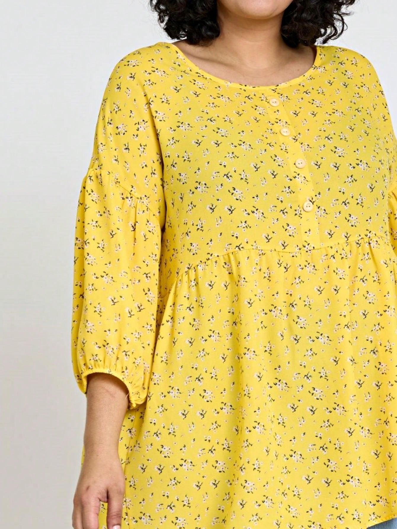 Summer/Spring Ditsy Floral Patch Work Bishop Lantern Sleeve Crew Neck Cute Baby Doll Top Blouse With Button Accent Breathable, Plus Extended Size