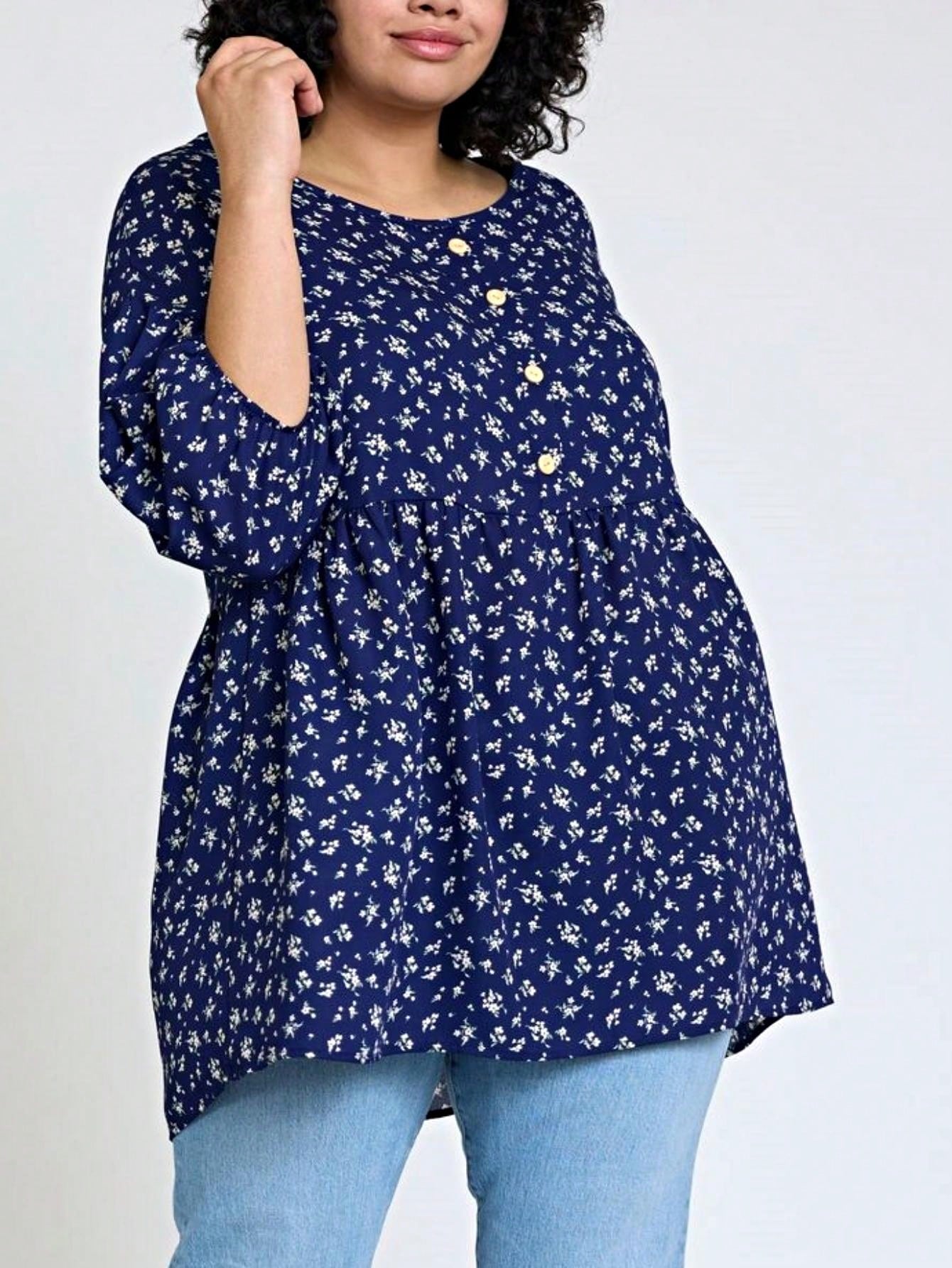 Summer/Spring Ditsy Floral Patch Work Bishop Lantern Sleeve Crew Neck Cute Baby Doll Top Blouse With Button Accent Breathable, Plus Extended Size
