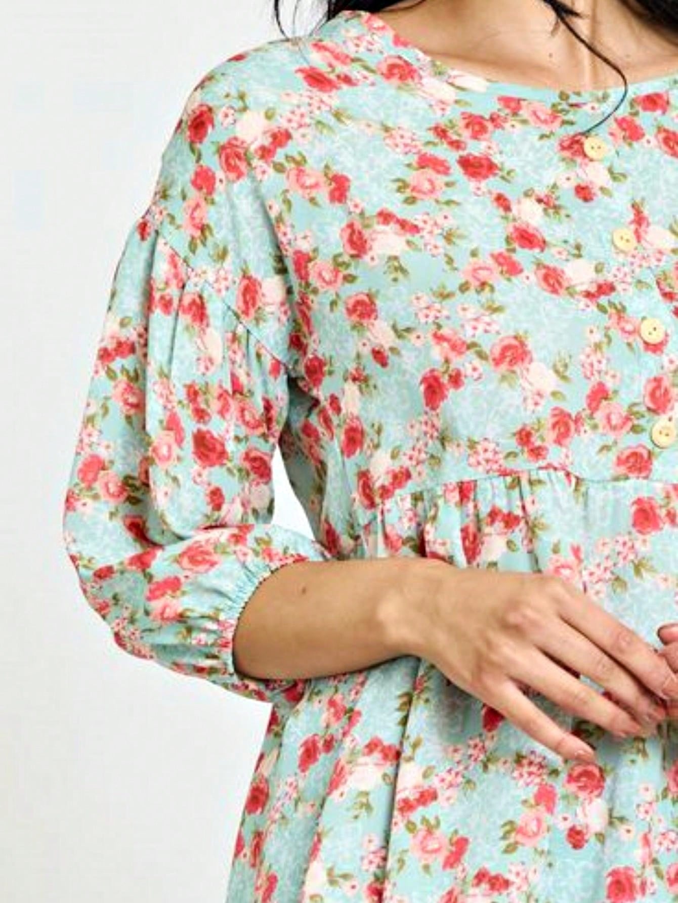 Summer/Spring Ditsy Floral Patch Work Bishop Lantern Sleeve Crew Neck Cute Baby Doll Top Blouse With Button Accent Breathable, Plus Extended Size